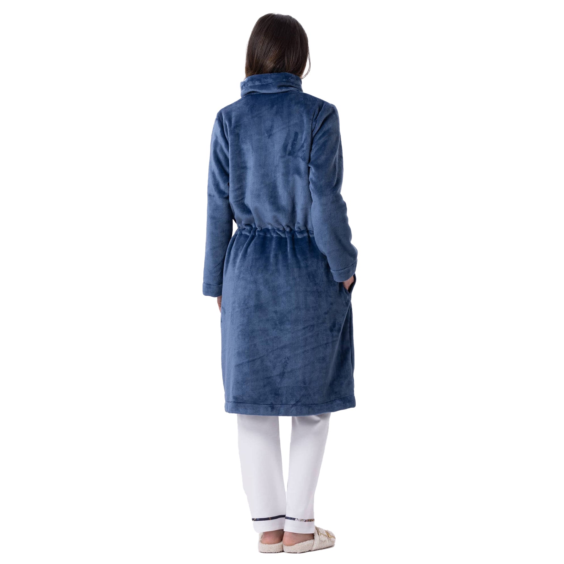 A woman posing, showing a back view of the robe.