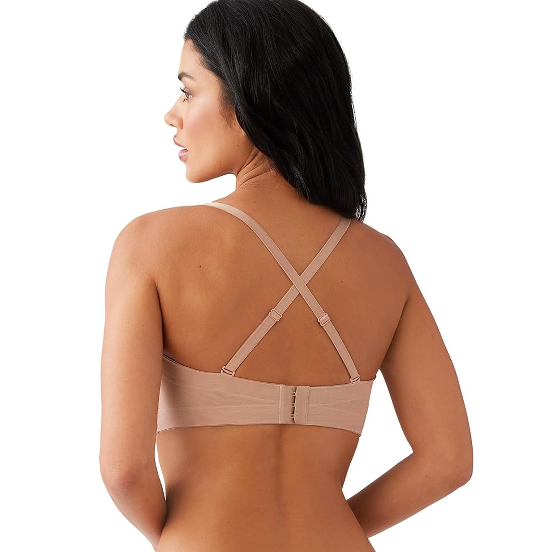 Nude strapless bra with convertible criss-cross straps, back view showing adjustable design