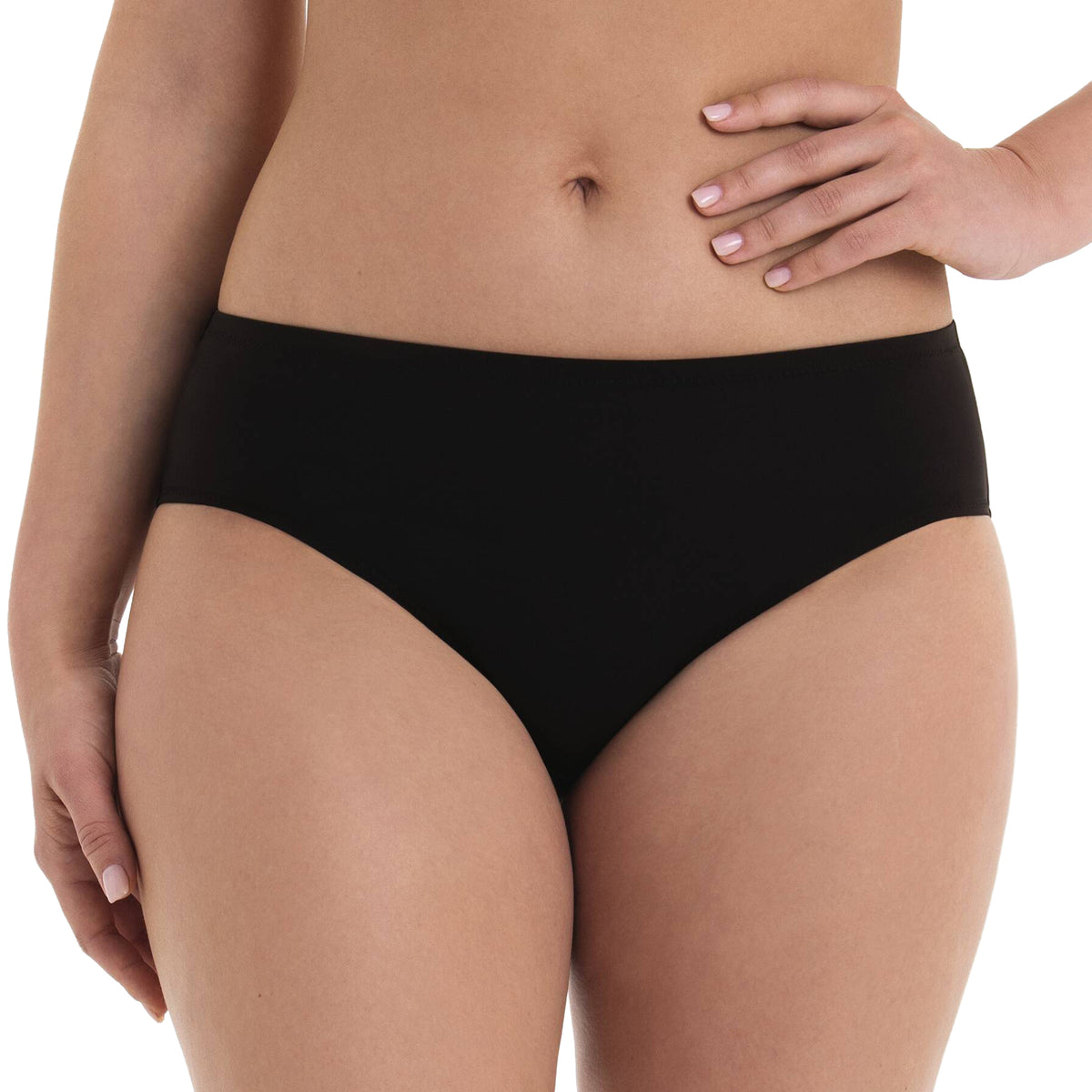 Model wearing a classic black mid-rise bikini bottom with a smooth, clean finish, front view.