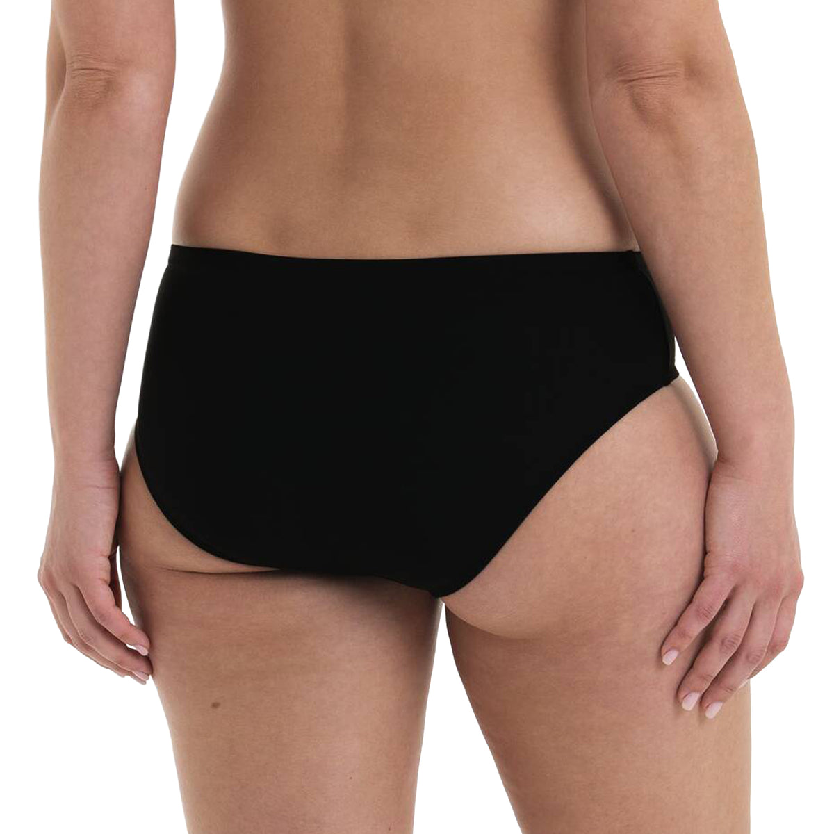 Back view of black mid-rise bikini bottom with moderate coverage and a smooth finish.