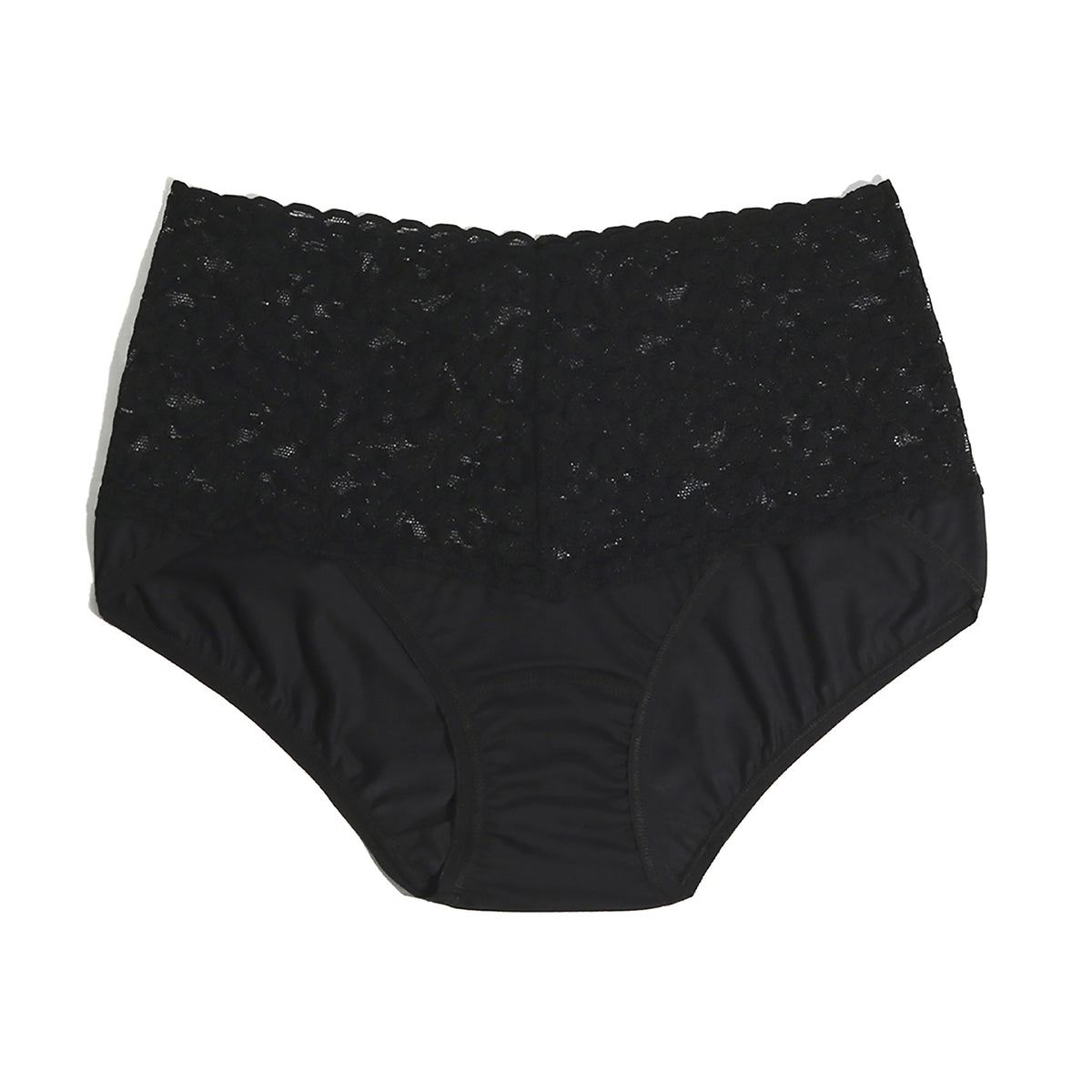 Black high-waist full brief with a wide floral lace waistband and smooth stretch fabric.