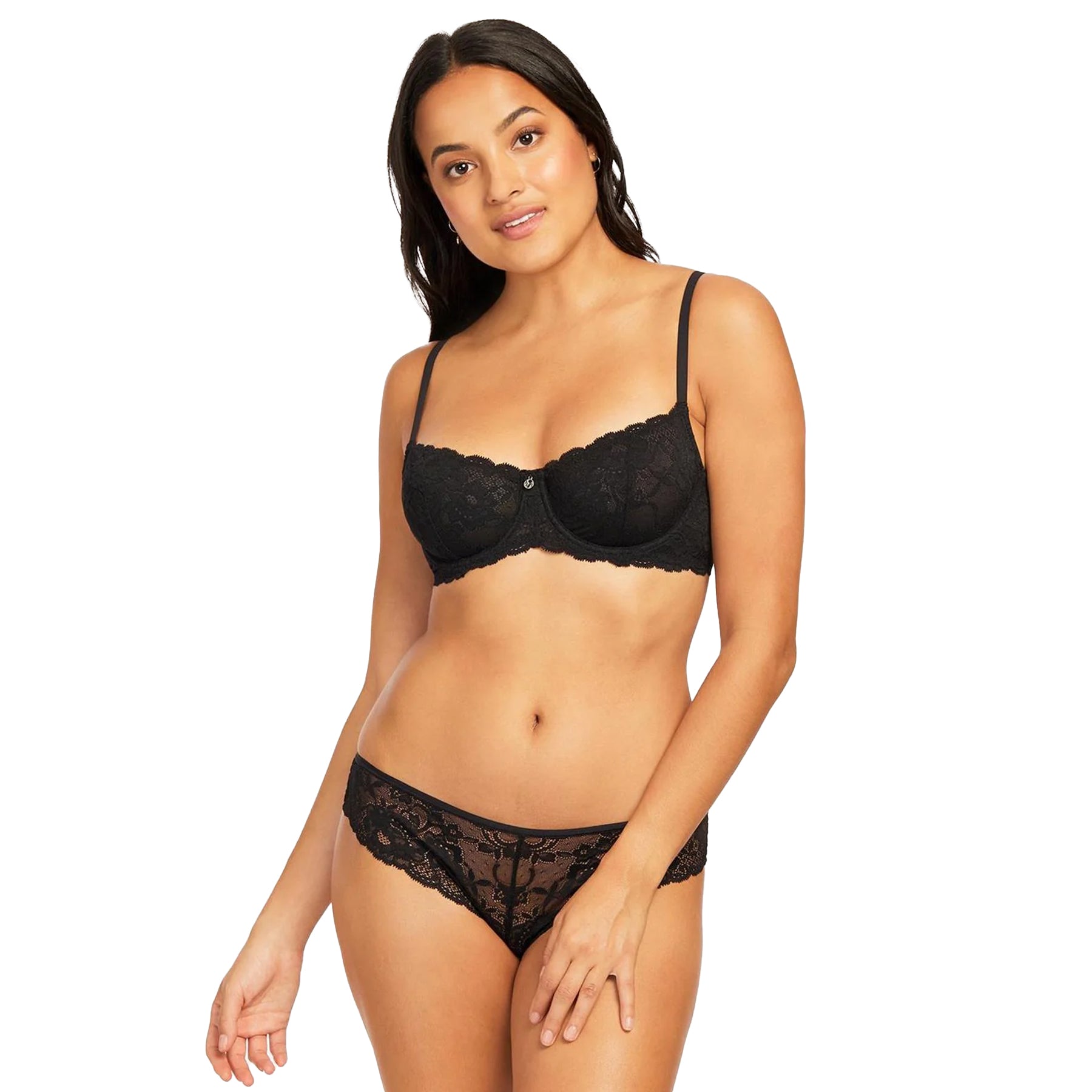 Model wearing black lace balconette bra and matching lace underwear set, elegant floral lace lingerie