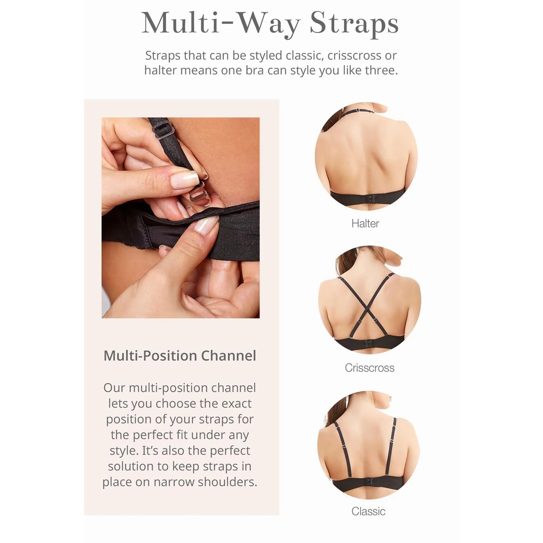 Informational graphic showing multi-way strap options for the wireless bra, including classic, crisscross, and halter positions with close-up strap details.