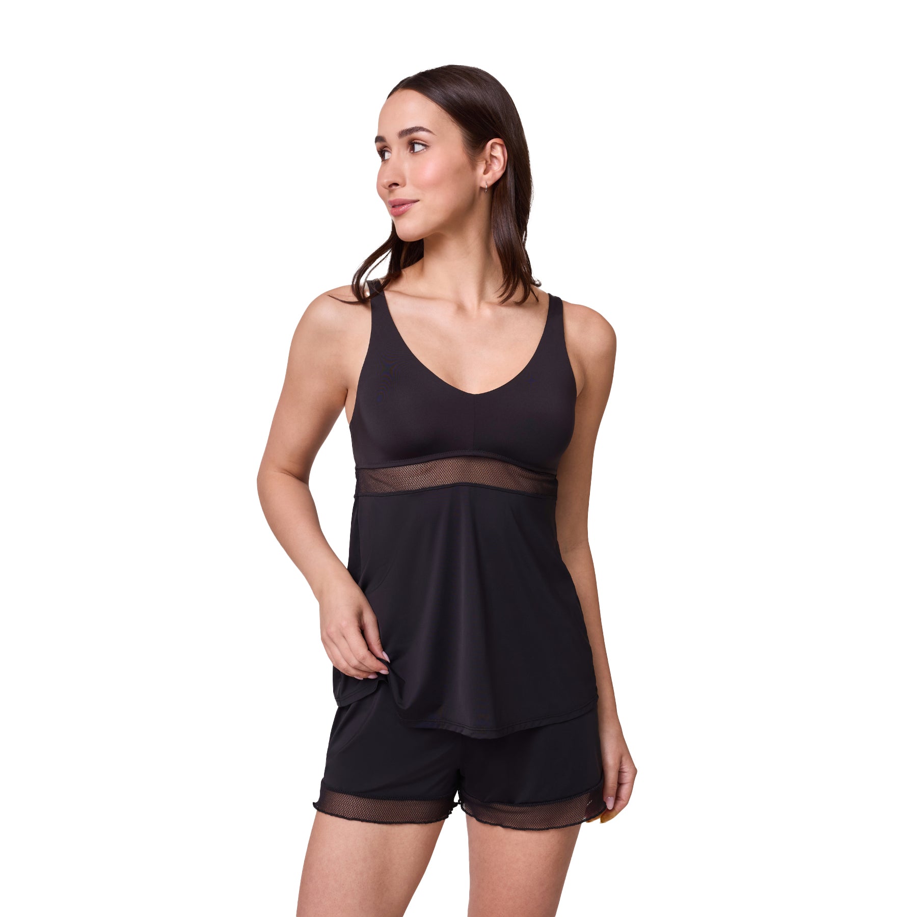 Black camisole and short sleep set on model, three-quarter front view, lightweight fabric with mesh waistband detail.