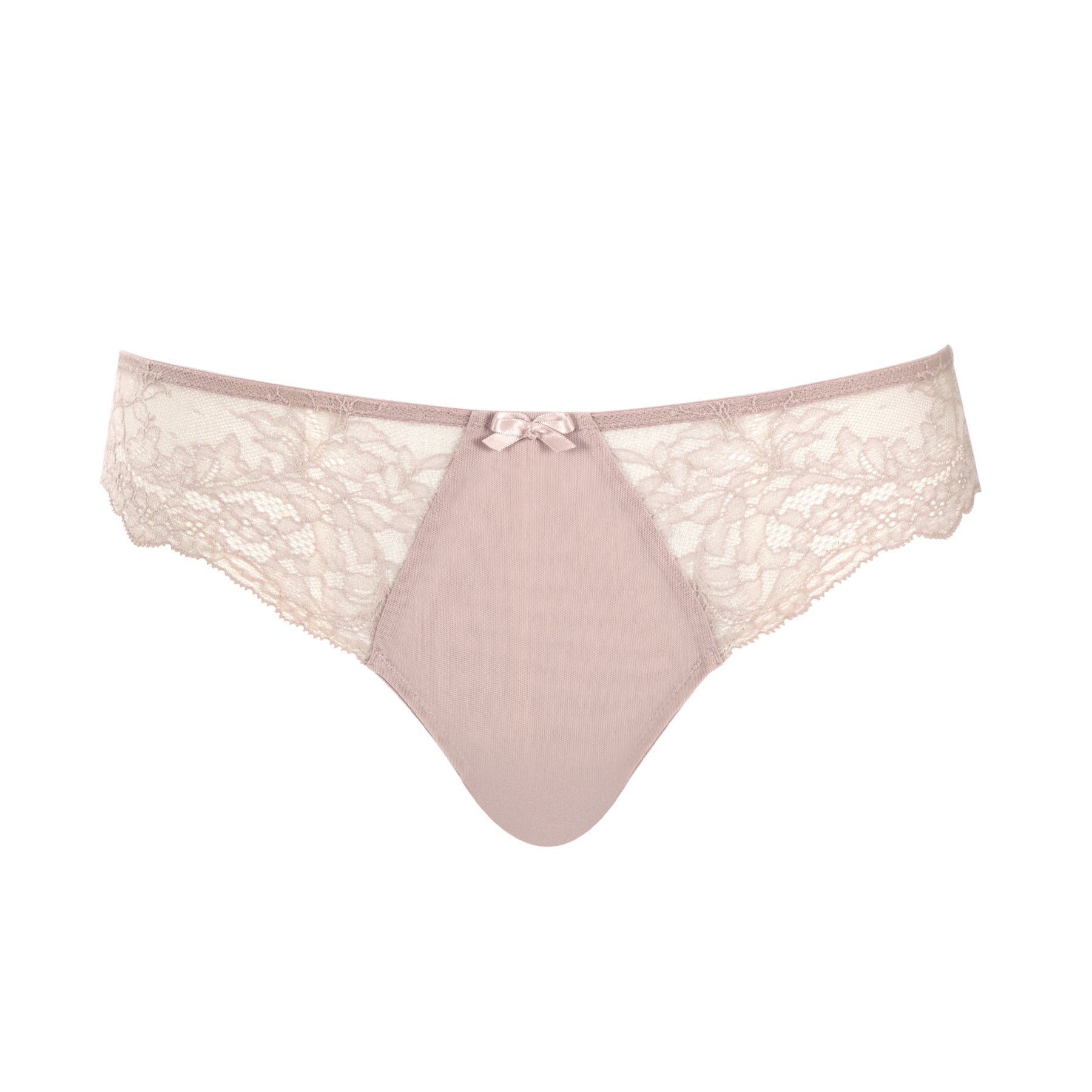 Nude lace thong with smooth front panel and bow detail on white background.