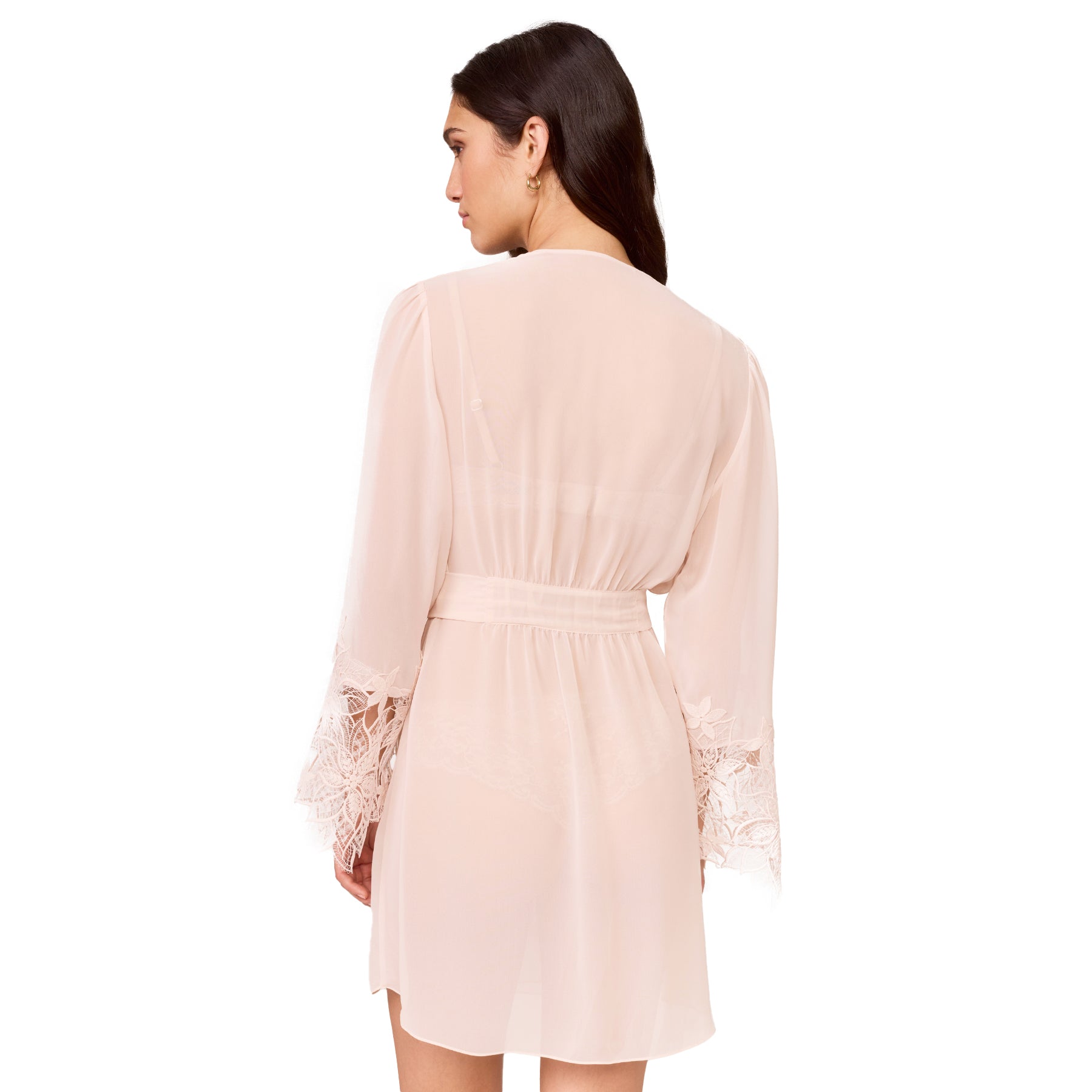 Back view of sheer blush robe with soft drape, tie waist and delicate floral lace cuffs