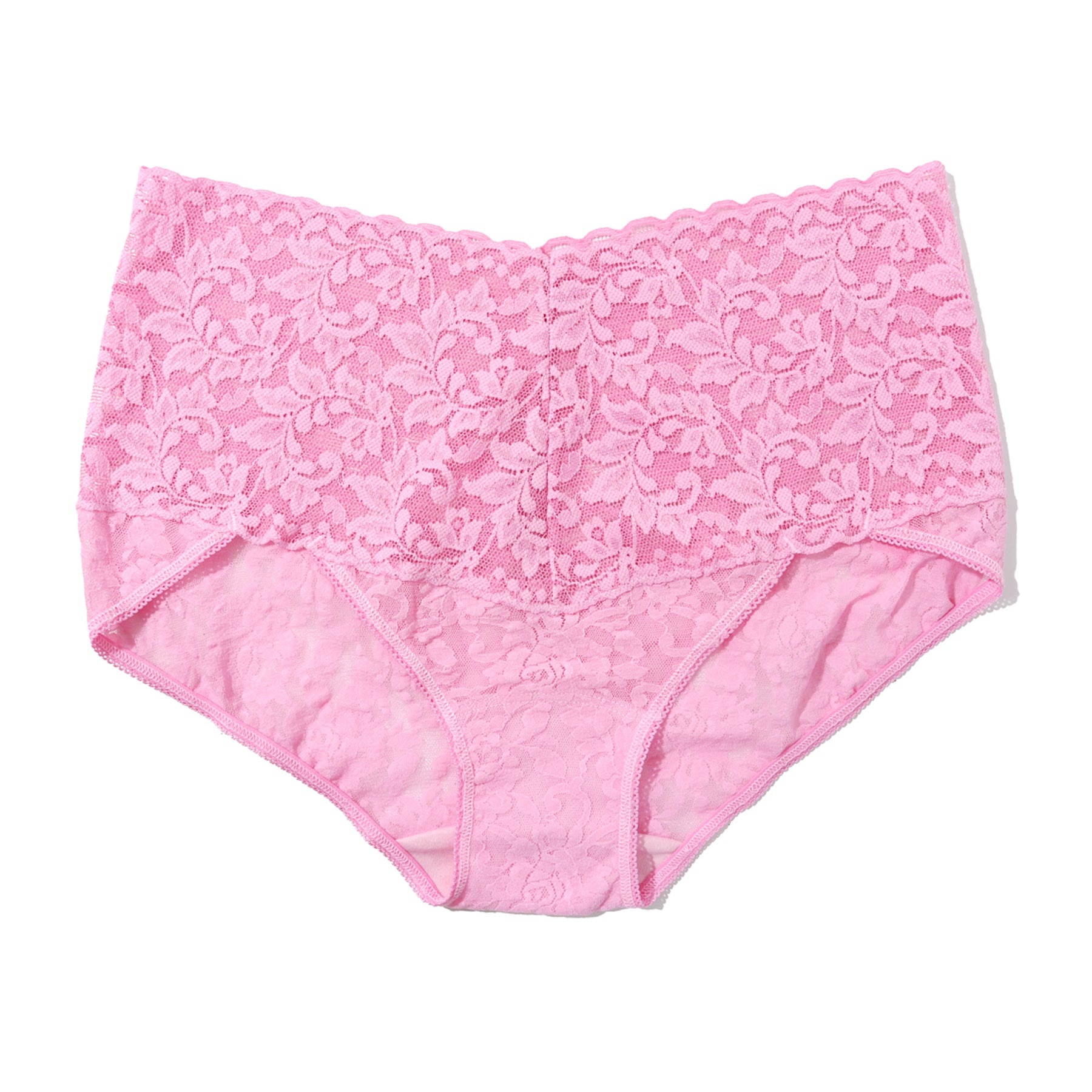 Back view of pink lace full brief underwear with wide floral lace waistband and seamless finish.