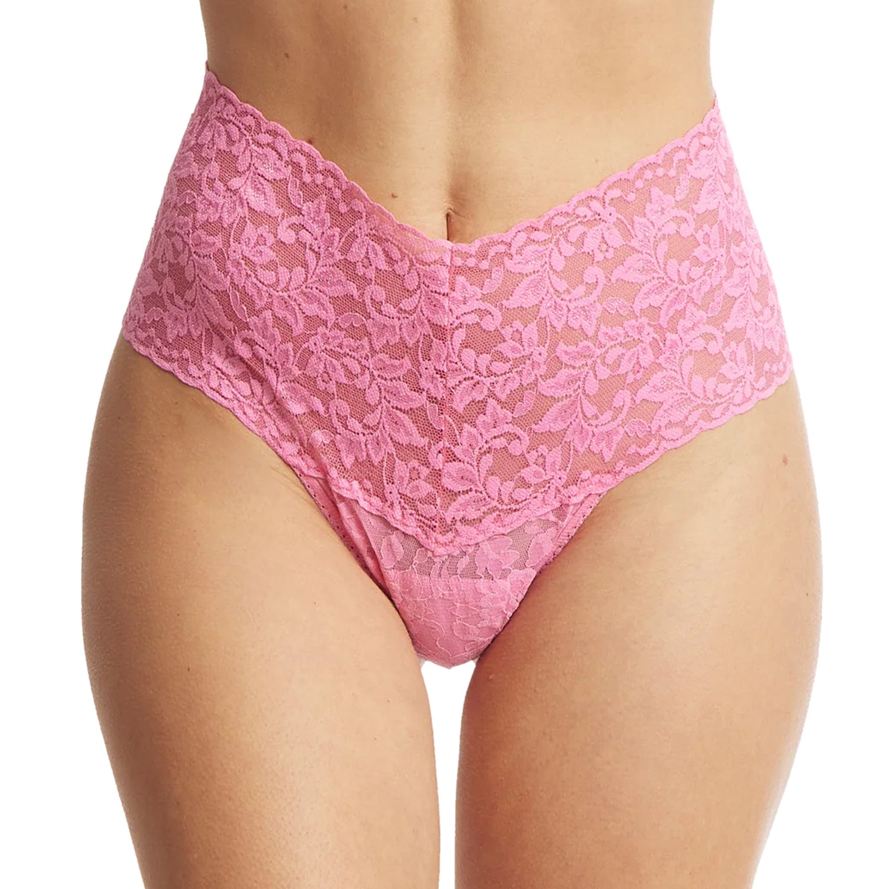 Hanky Panky retro thong 9K1926 in taffy pink. Front view on model.