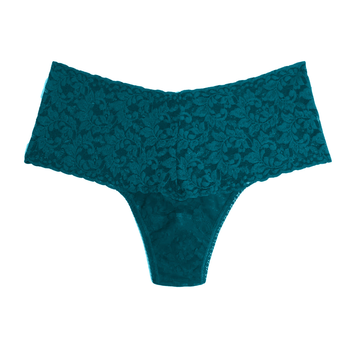 Hanky Panky Retro Rise Thong in Hot Teal, shown flat from the front, featuring an intricate floral lace pattern, wide V-shaped waistband, scalloped lace edges, and a narrow thong silhouette.
