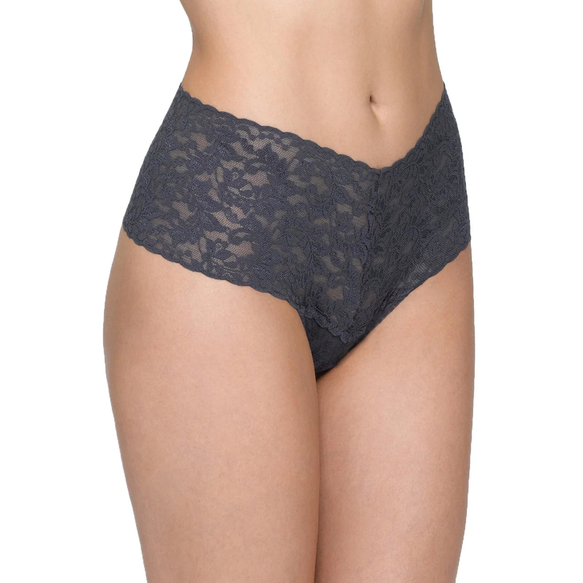 Model wearing the Hanky Panky Retro Rise Thong in Granite grey, featuring sheer floral stretch lace, a wide V-shaped waistband and scalloped edges.