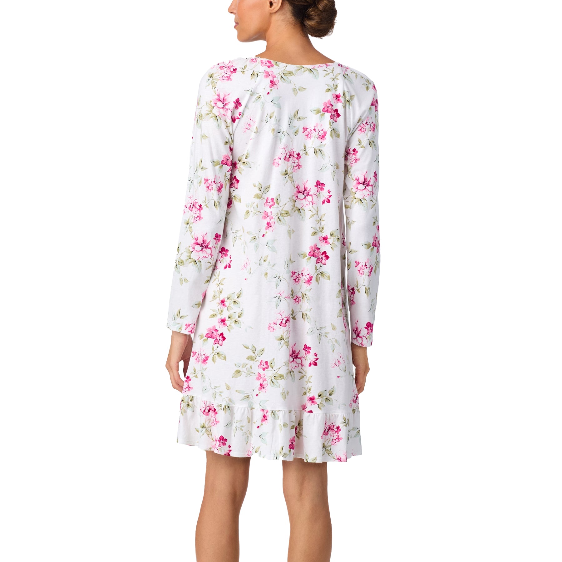 Back view of white nightgown with pink floral pattern and ruffled hem detail.