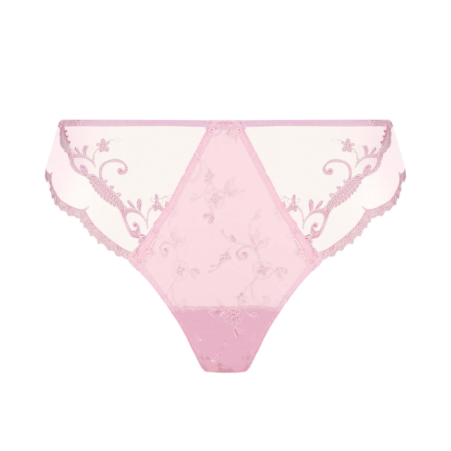 Pink embroidered lace bikini brief with sheer mesh panels and scalloped edges front view