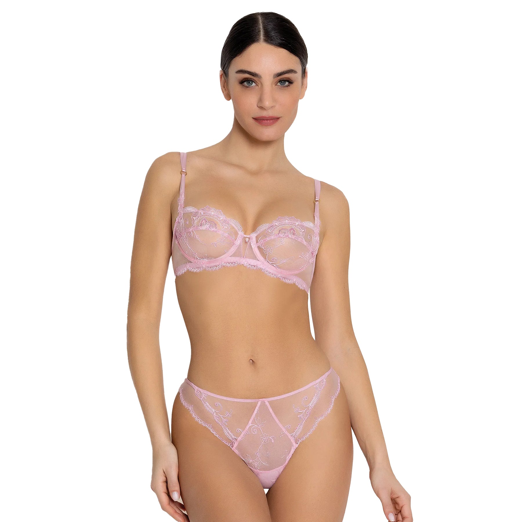 Pink embroidered lace balconette bra and matching brief front view on model