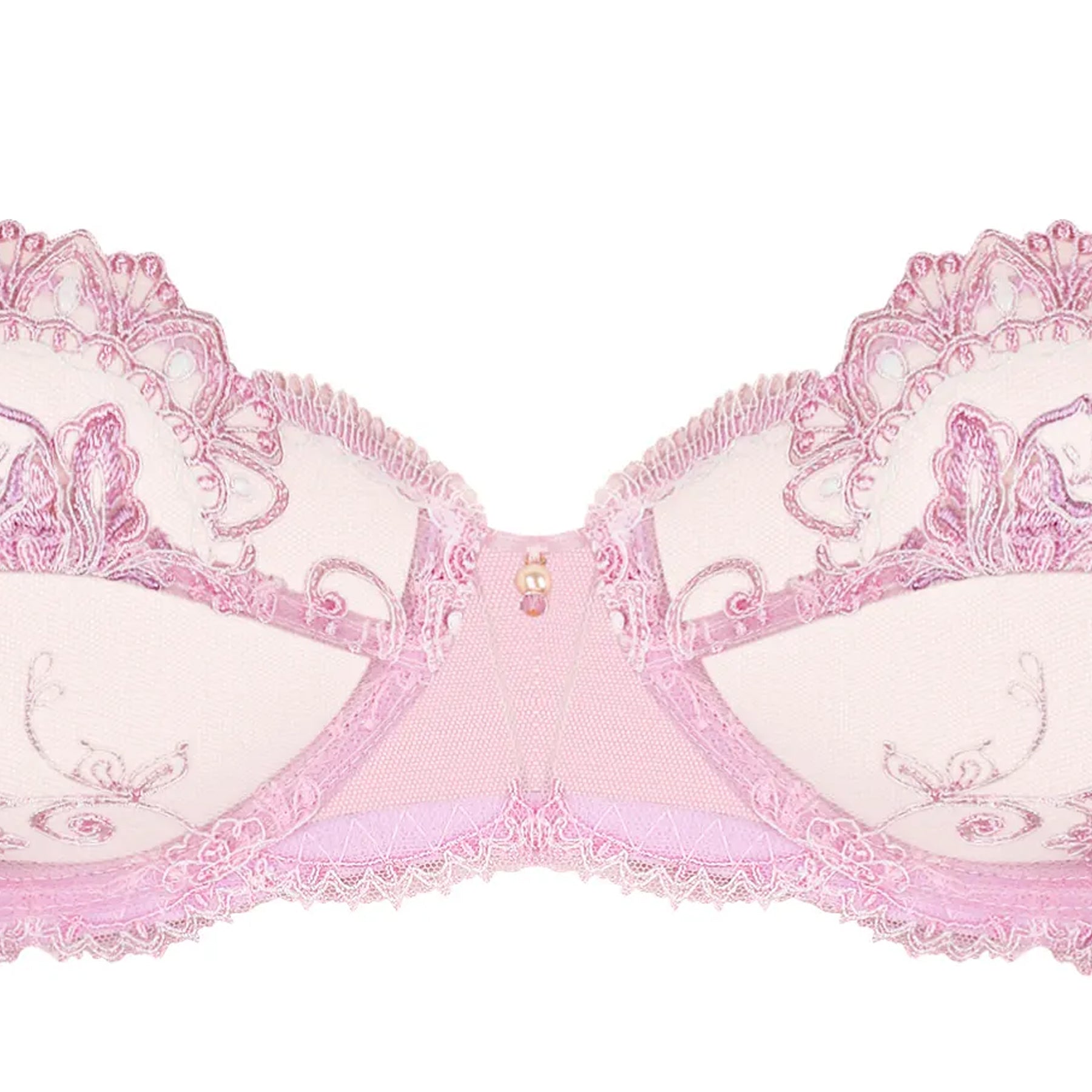 Close-up detail of pink lace bra cups with floral embroidery and sheer mesh