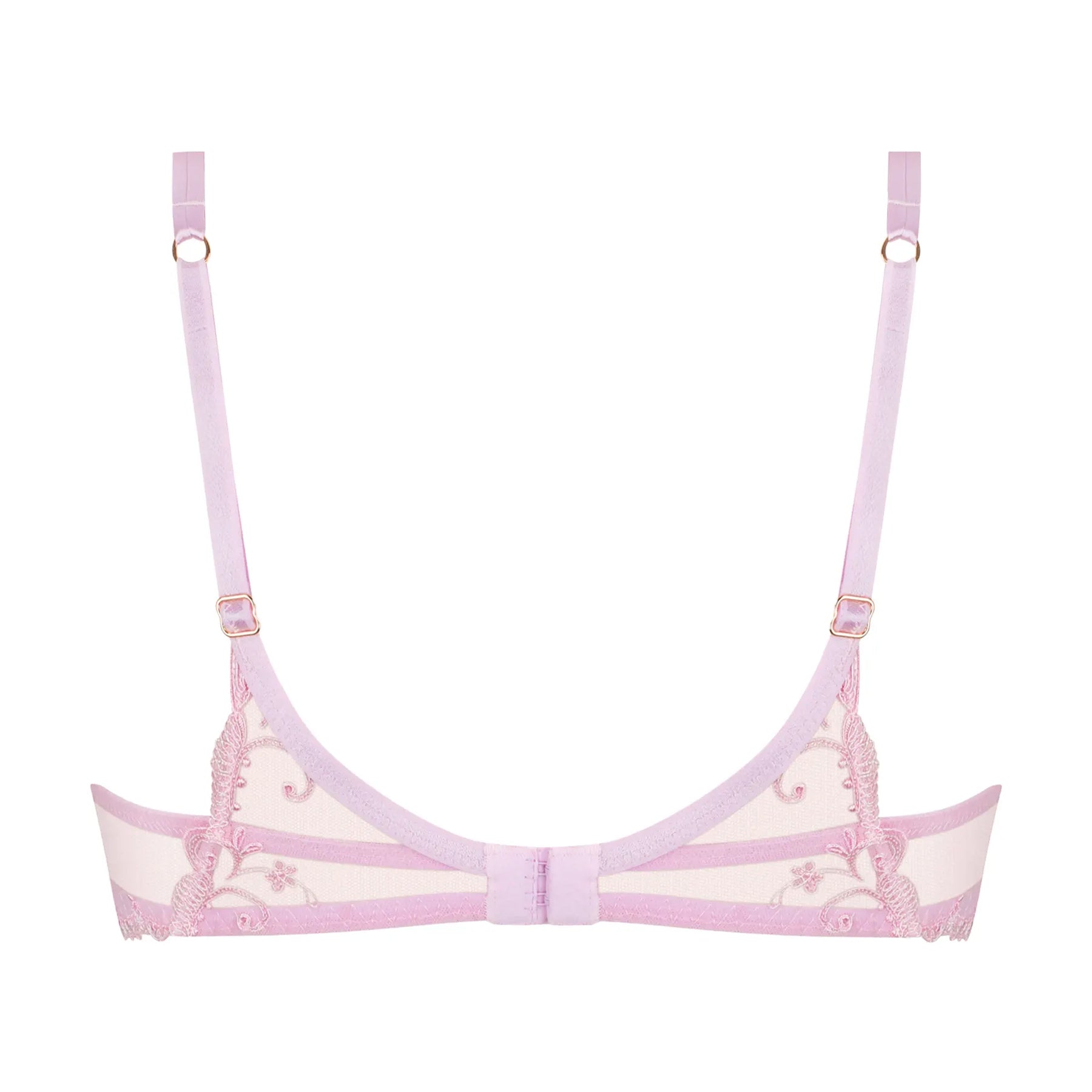 Back view of pink lace bra with adjustable straps and sheer band