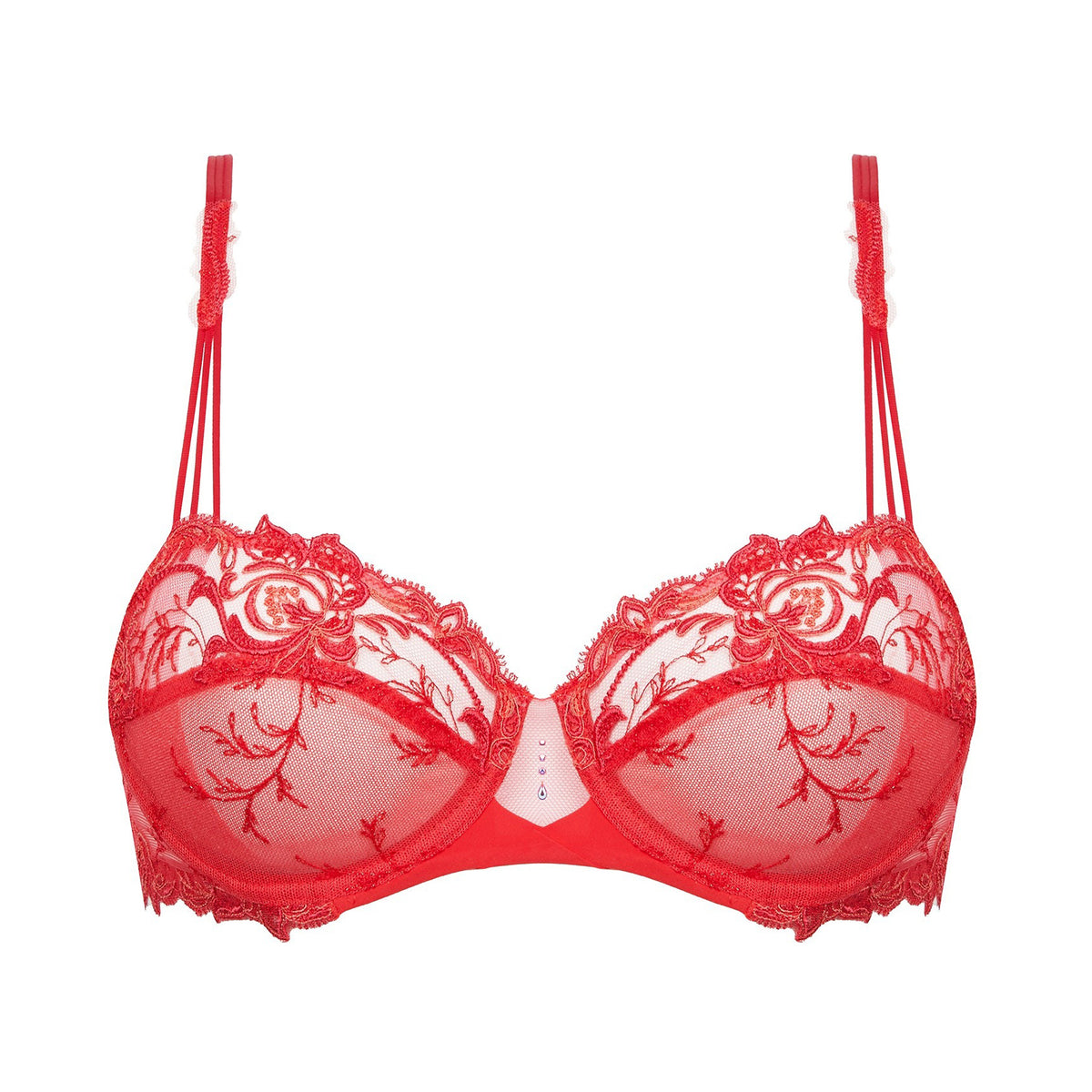 Red floral (hibiscus) embroidered on sheer tulle demi bra with straps. Lise Charmel ACH3072 source beaute. Front view without model.