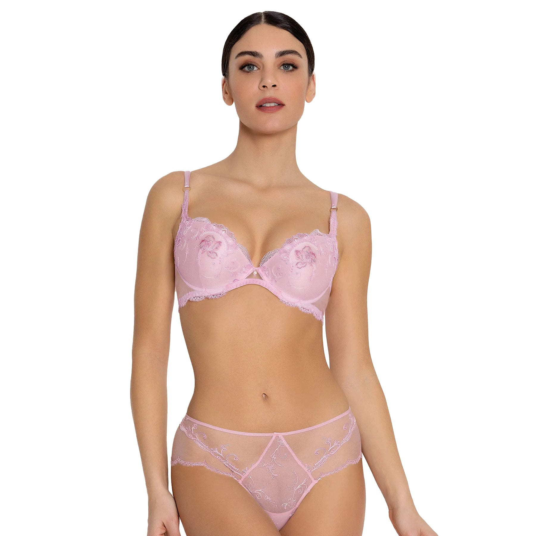 Model wearing light pink embroidered bra and sheer brief set, front full-body view