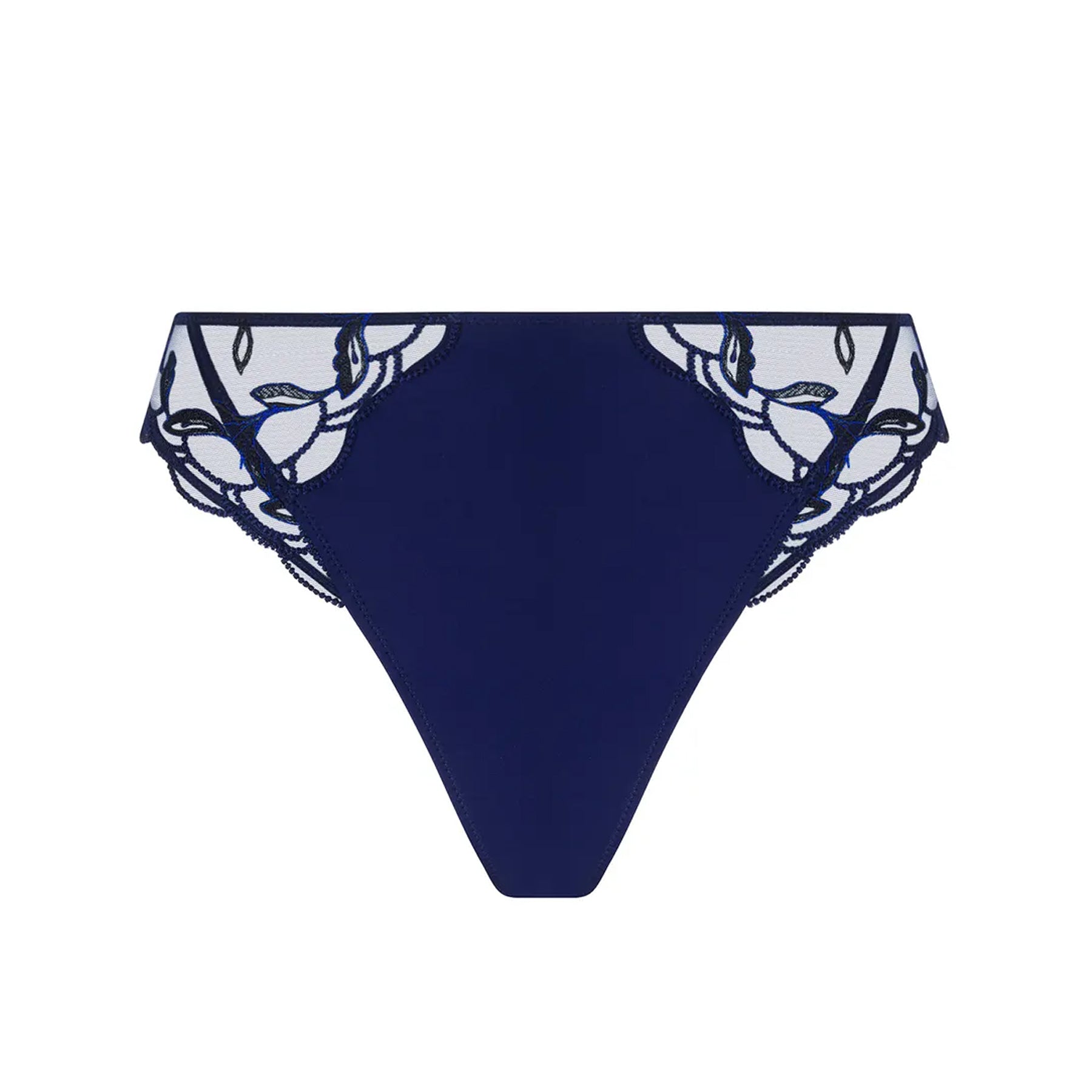 Navy blue bikini bottom with white floral pattern on a white background