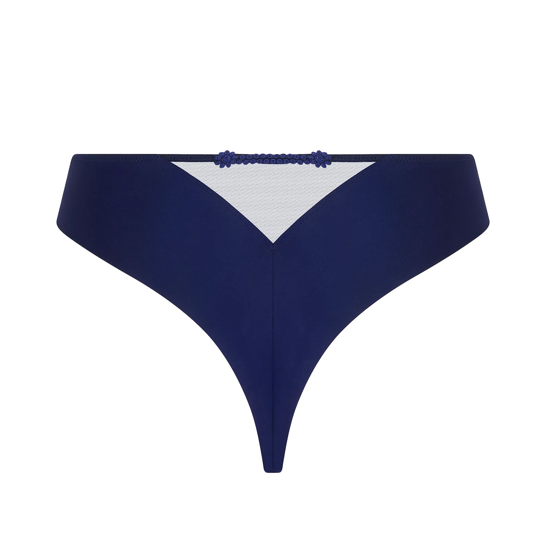 Navy blue bikini bottom with a white mesh panel on a white background