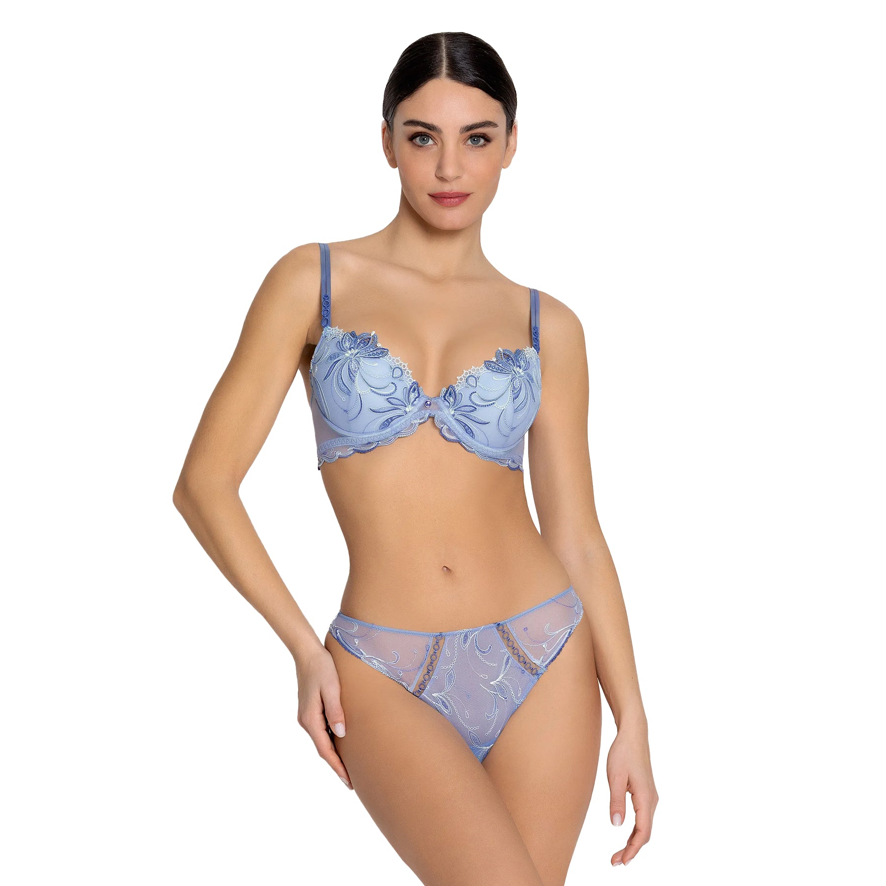 Front view of model wearing sheer embroidered thong in nymphe lagoon blue with delicate mesh panels and refined feminine detailing.