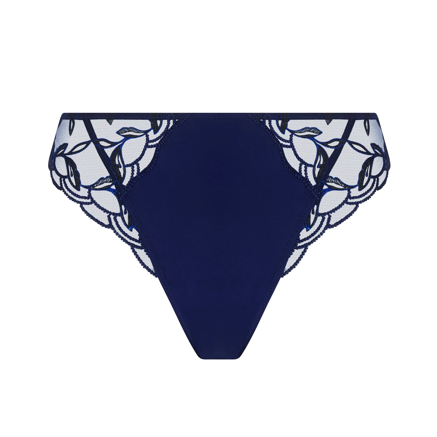 Navy blue bikini bottom with white floral pattern on a white background