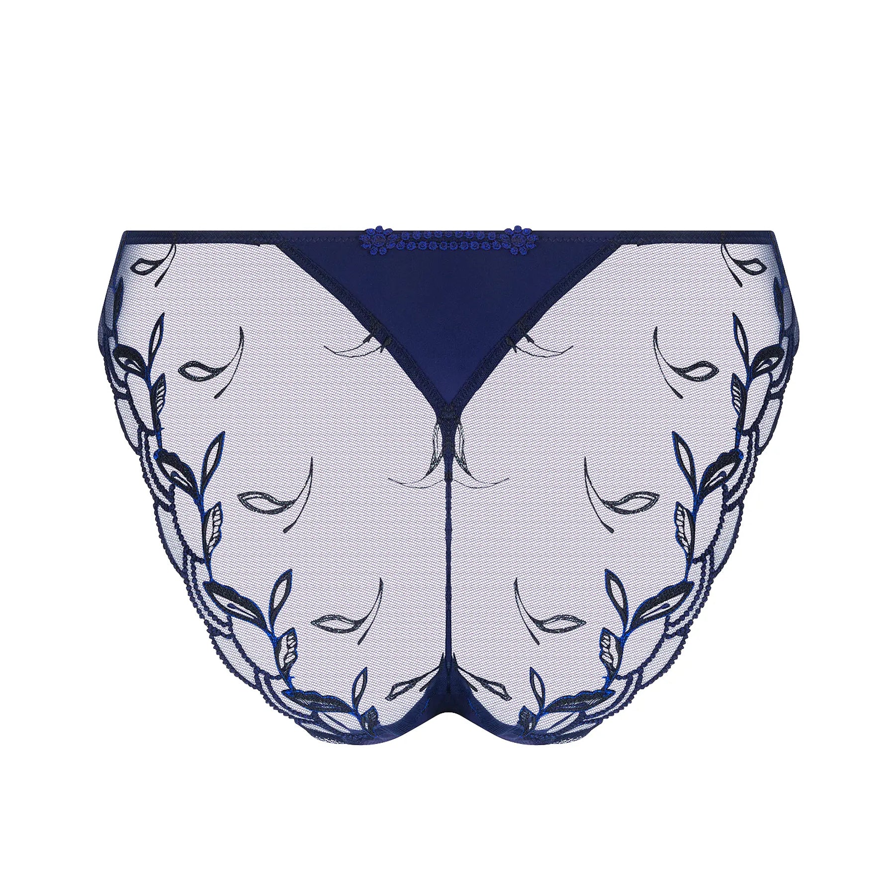 Navy blue lace bralette with floral patterns on a white background