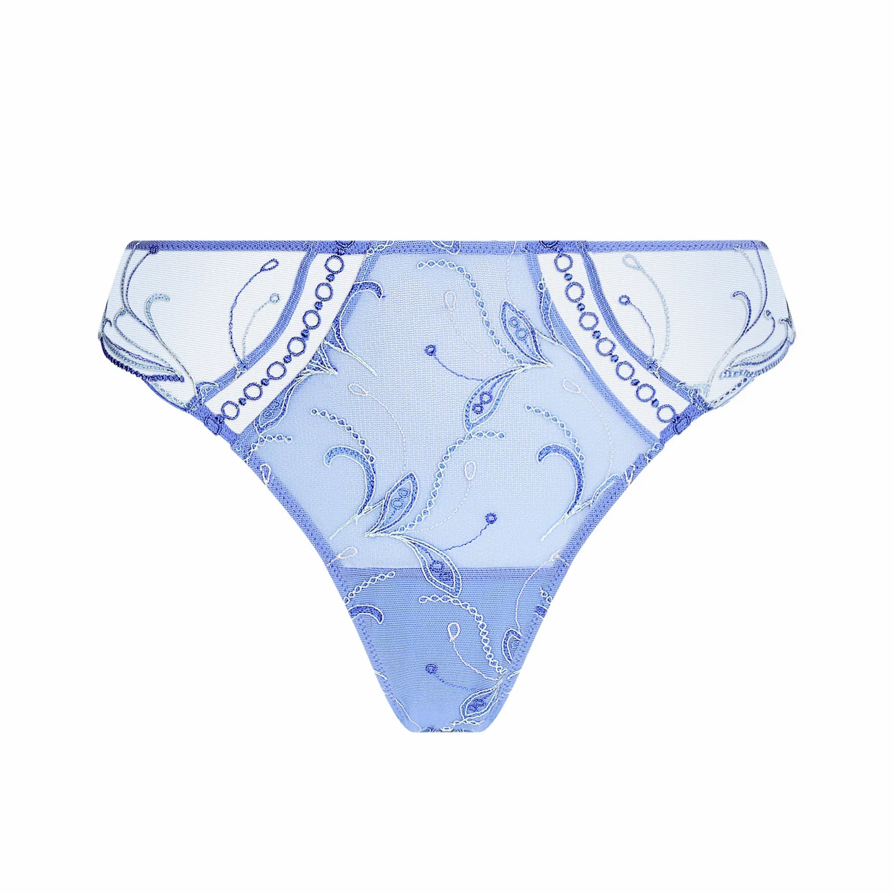 Front view of light blue embroidered Italian brief with sheer tulle panels, delicate swirl embroidery, and scalloped trim detailing.