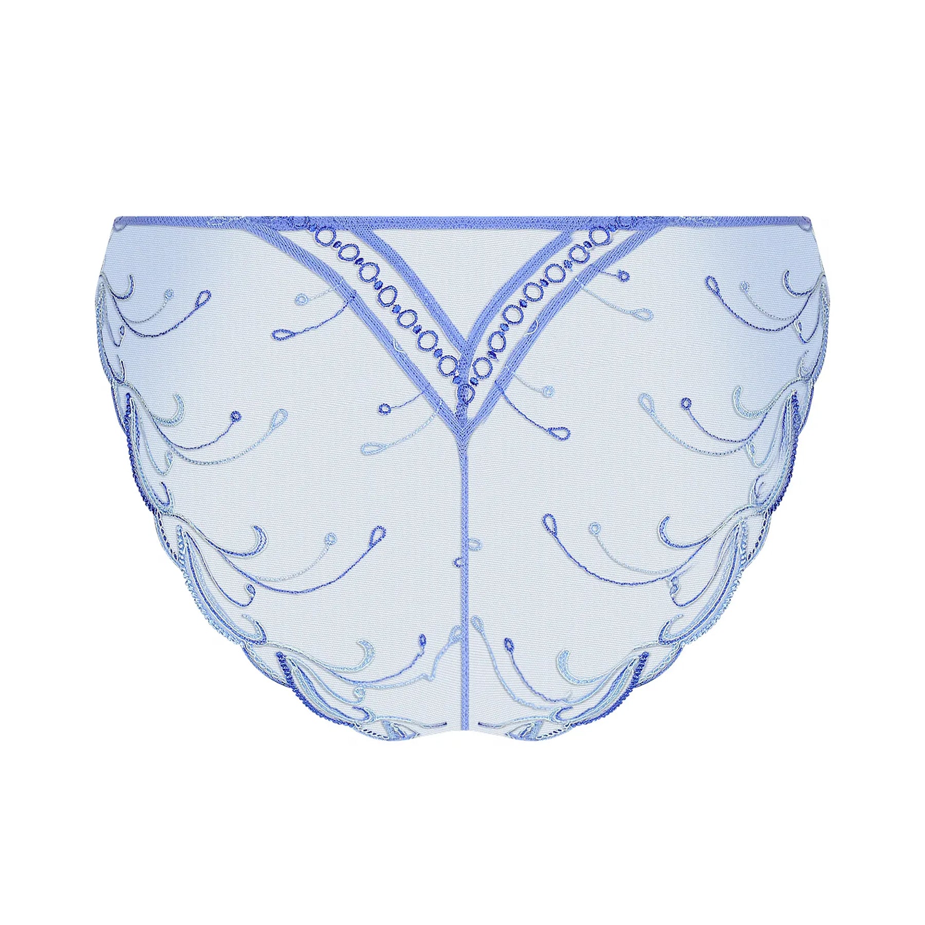 Back view of light blue embroidered Italian brief featuring sheer mesh back, decorative embroidery, and elegant V-shaped detailing.