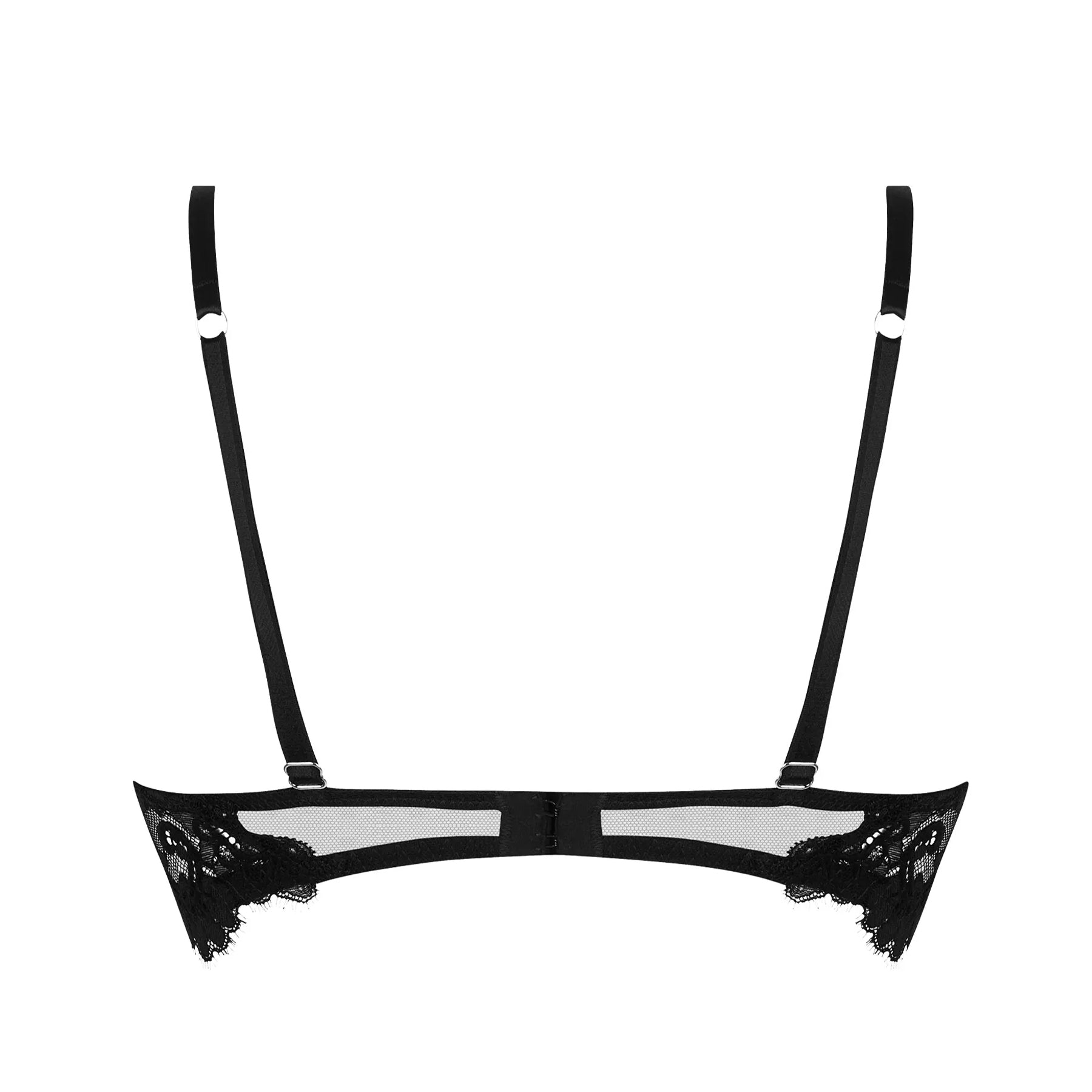 A flat layout of the black lace bra, back view on the white background.