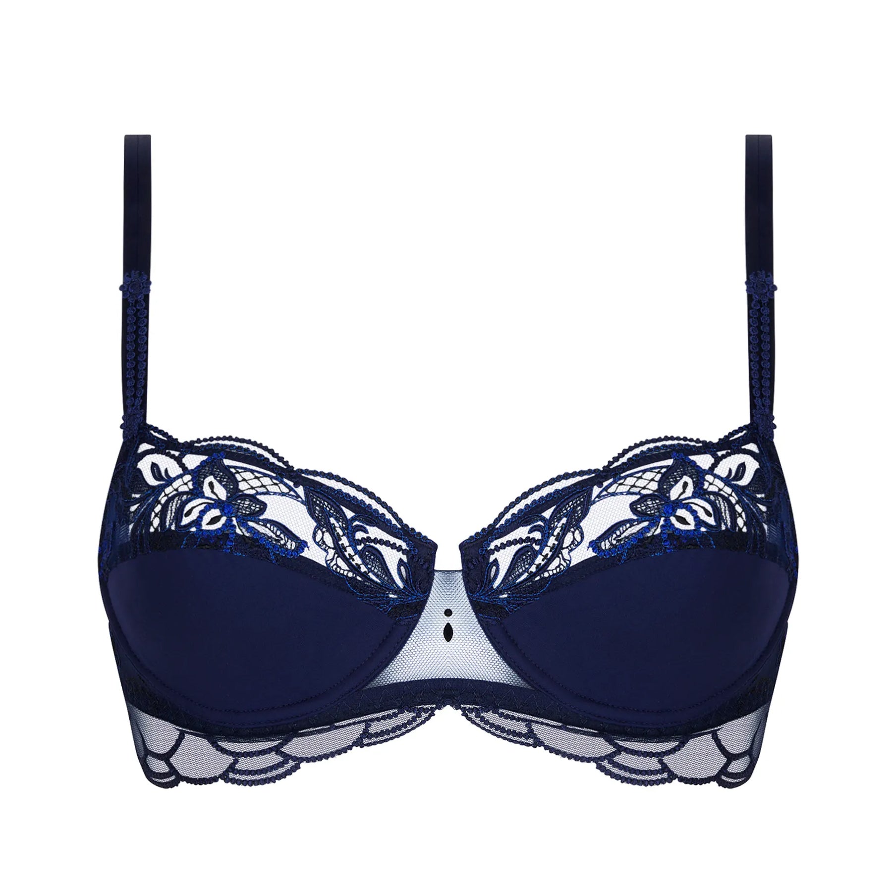 Navy blue lace bra on a white background