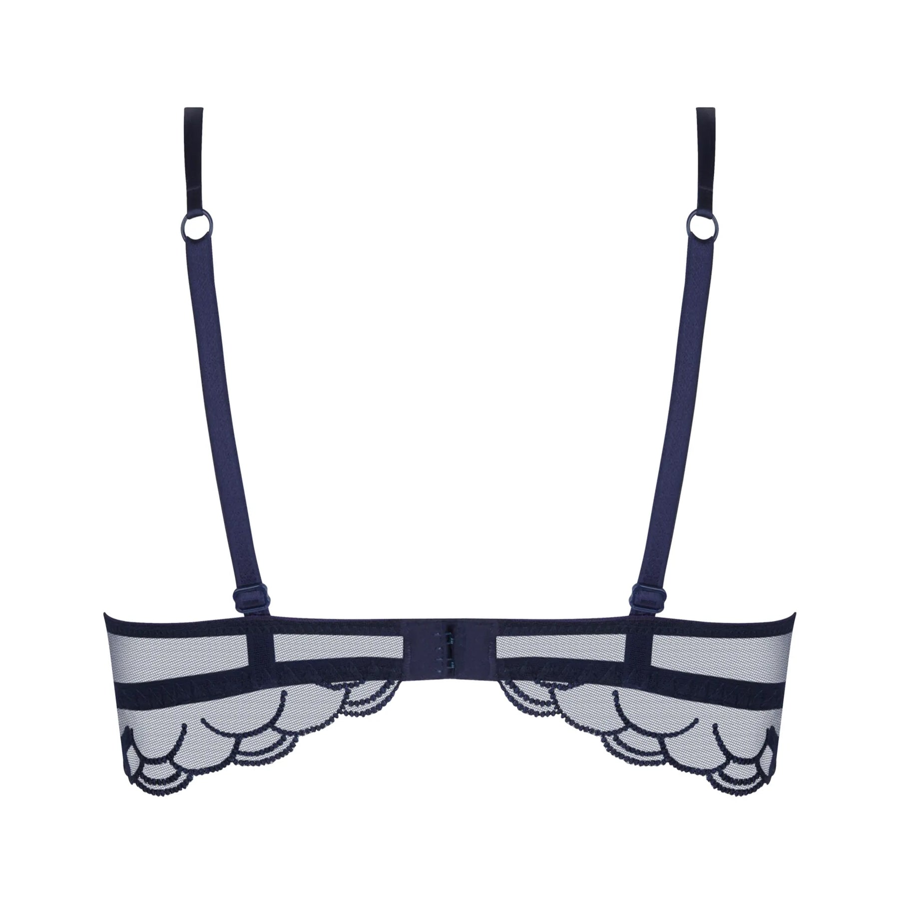 Navy blue and white bra with lace details on a white background