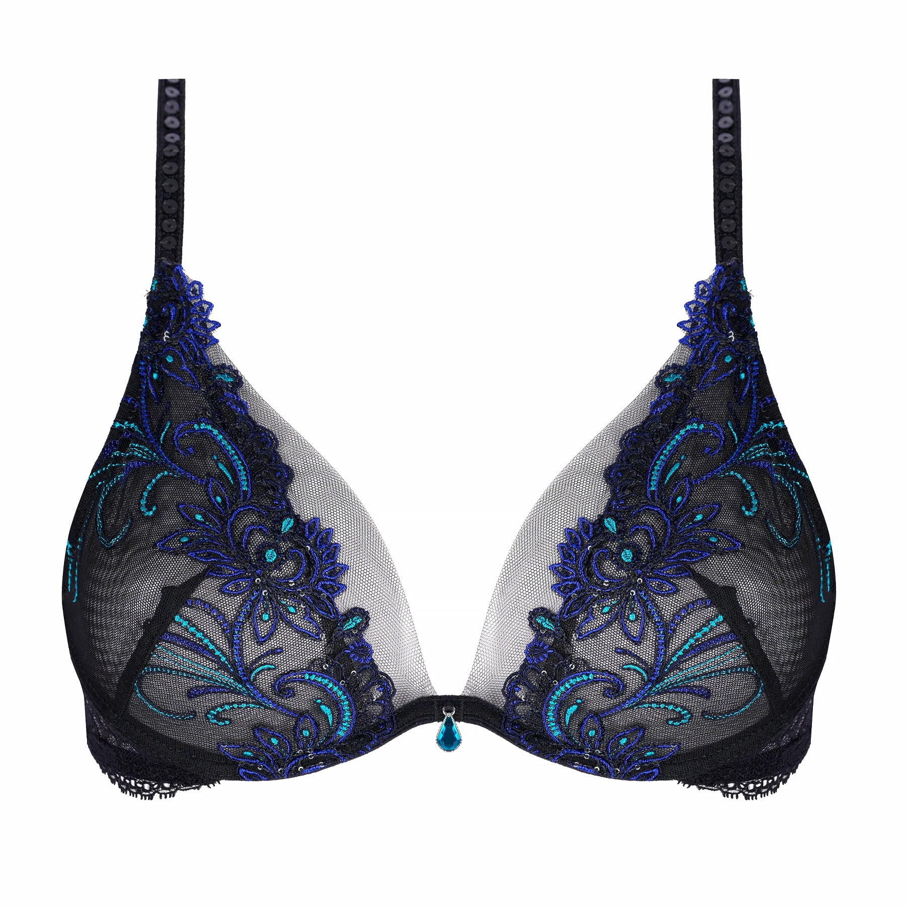 Lise Charmel Éclat Saphir triangle bra in black sheer tulle with blue and emerald floral embroidery, plunge neckline, and jewel detail.