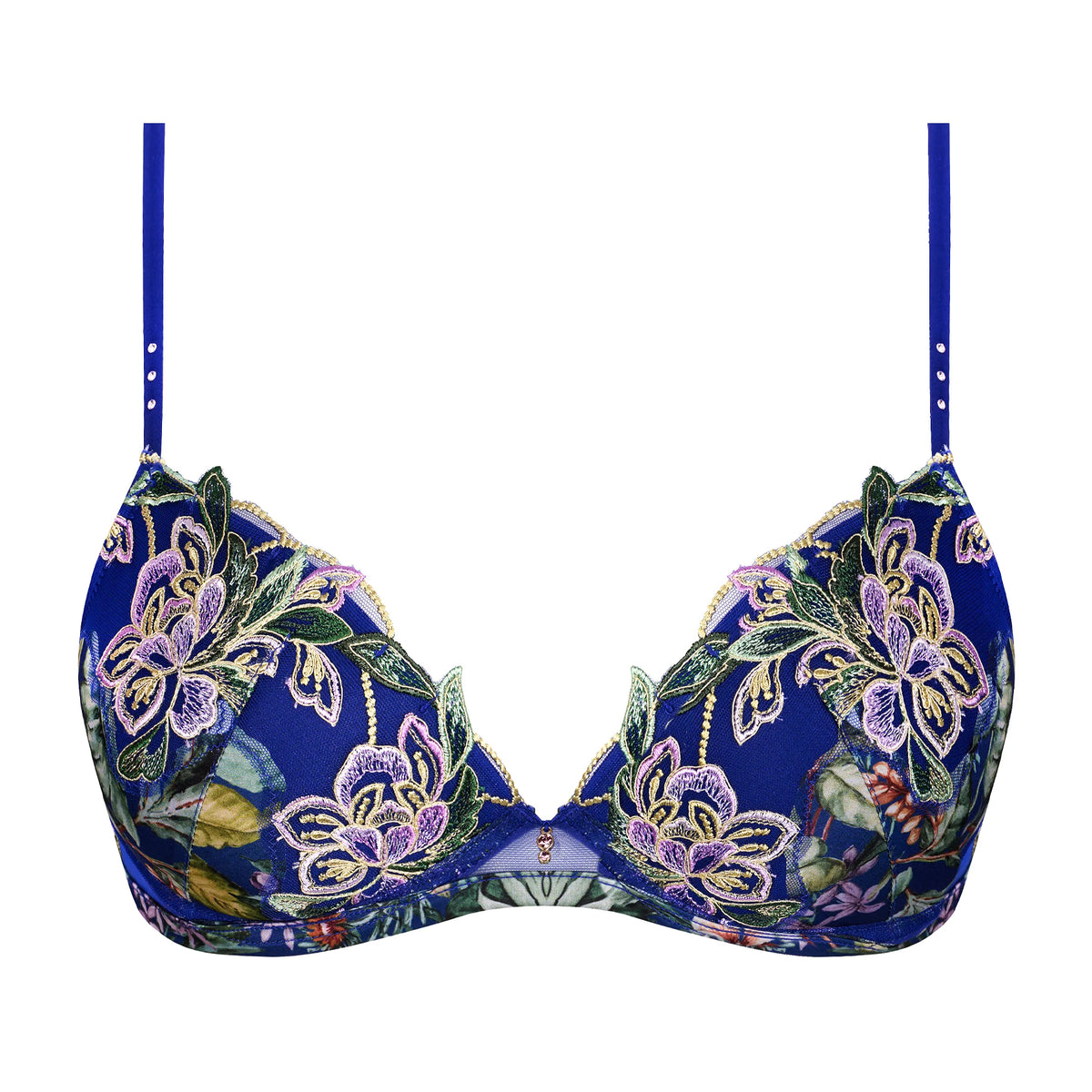 Lise Charmel Bain de Nature bra in deep blue with tropical floral print and intricate purple, green and gold floral embroidery.