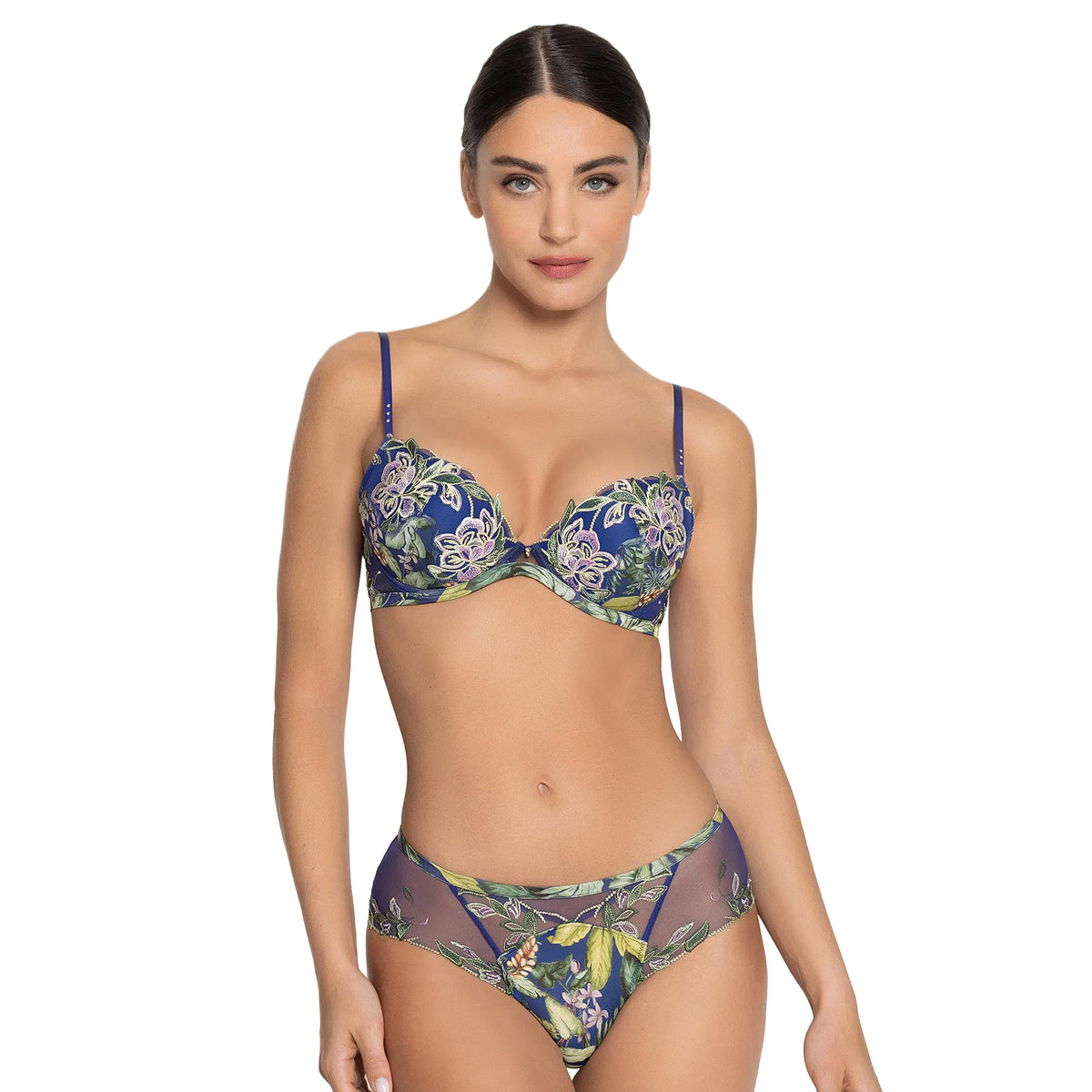 Model wearing Lise Charmel Bain de Nature floral bra with matching embroidered panty.
