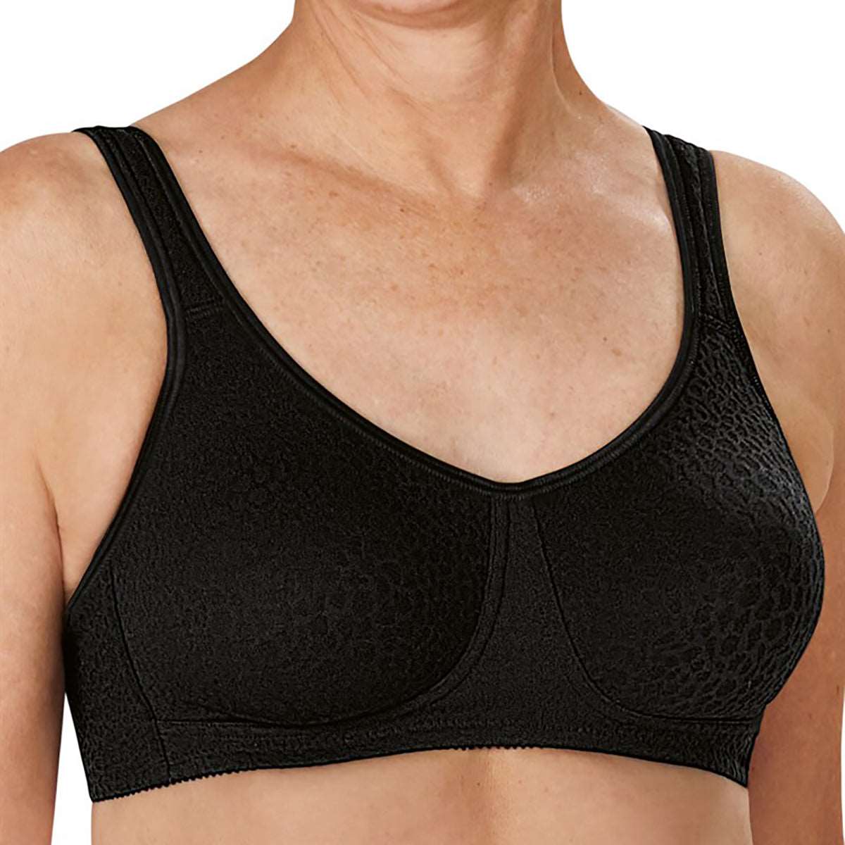 Amoena wireless bra Mona in black front view on model closeup