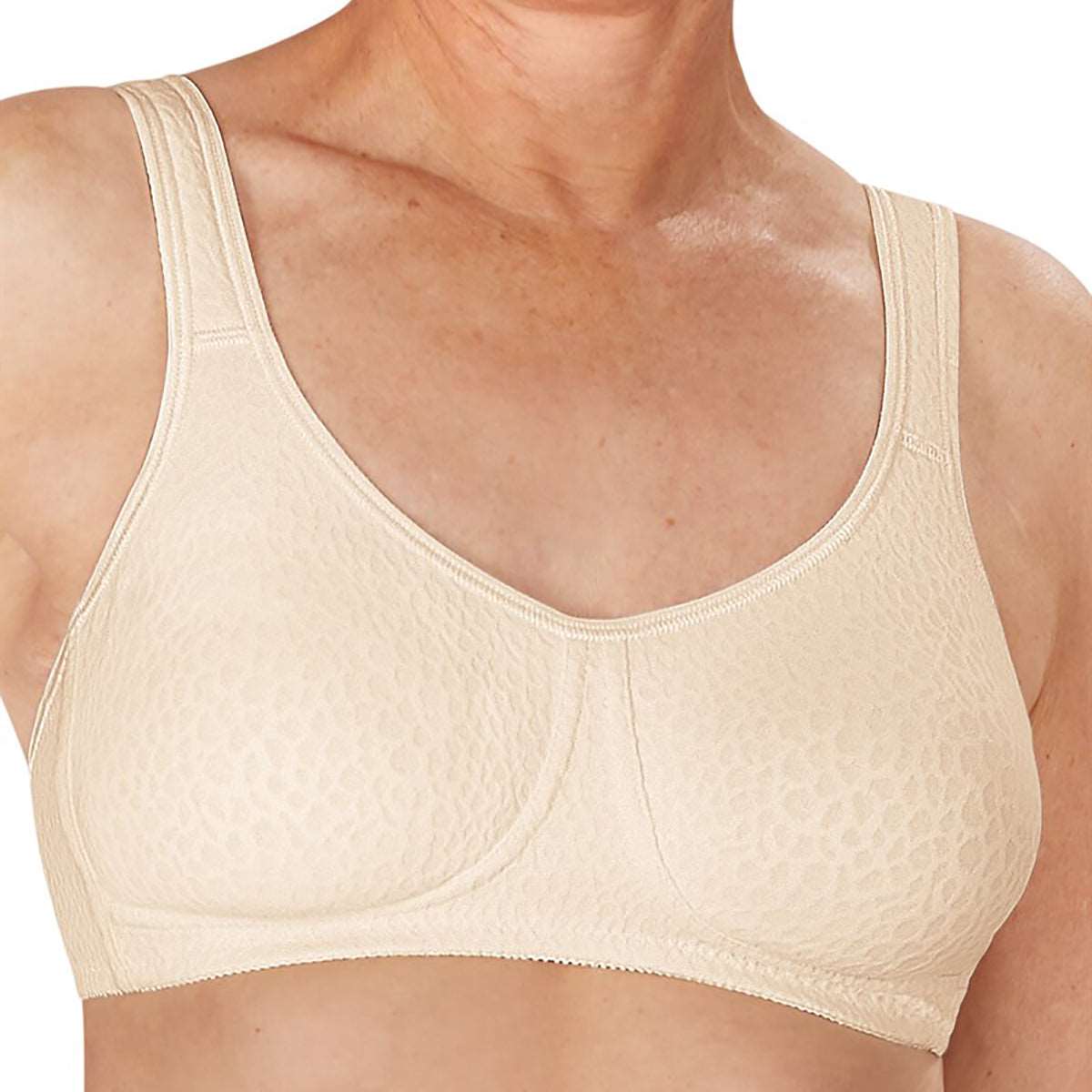 Amoena wireless bra Mona in champagne ivory front view on model closeup