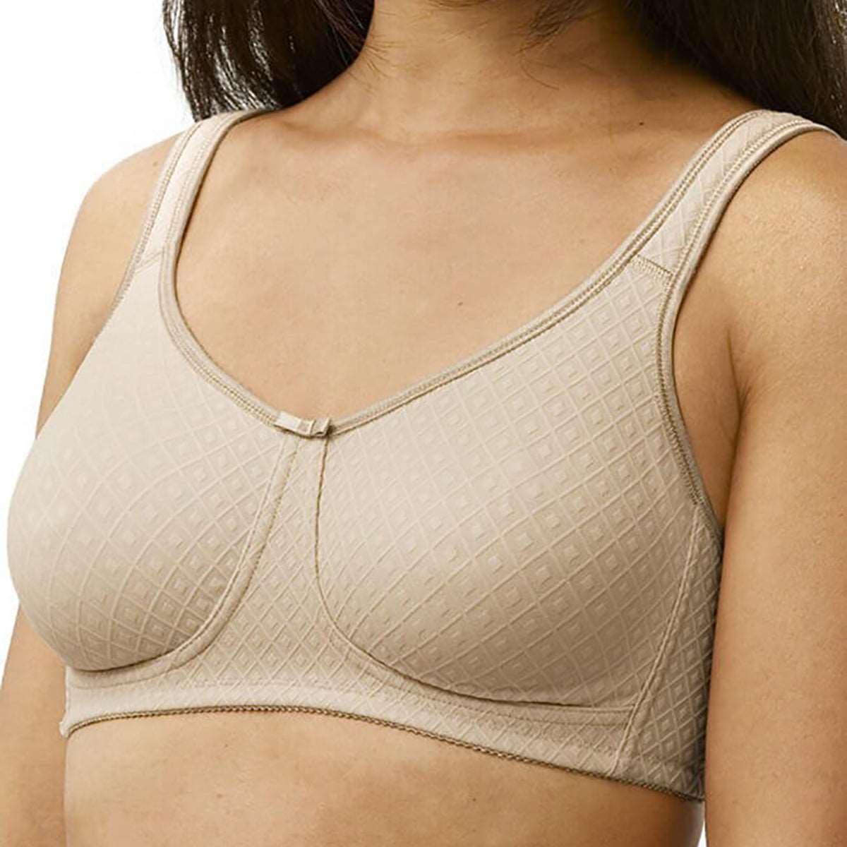 Amoena wireless mastectomy bra Mira in light taupe front view on model