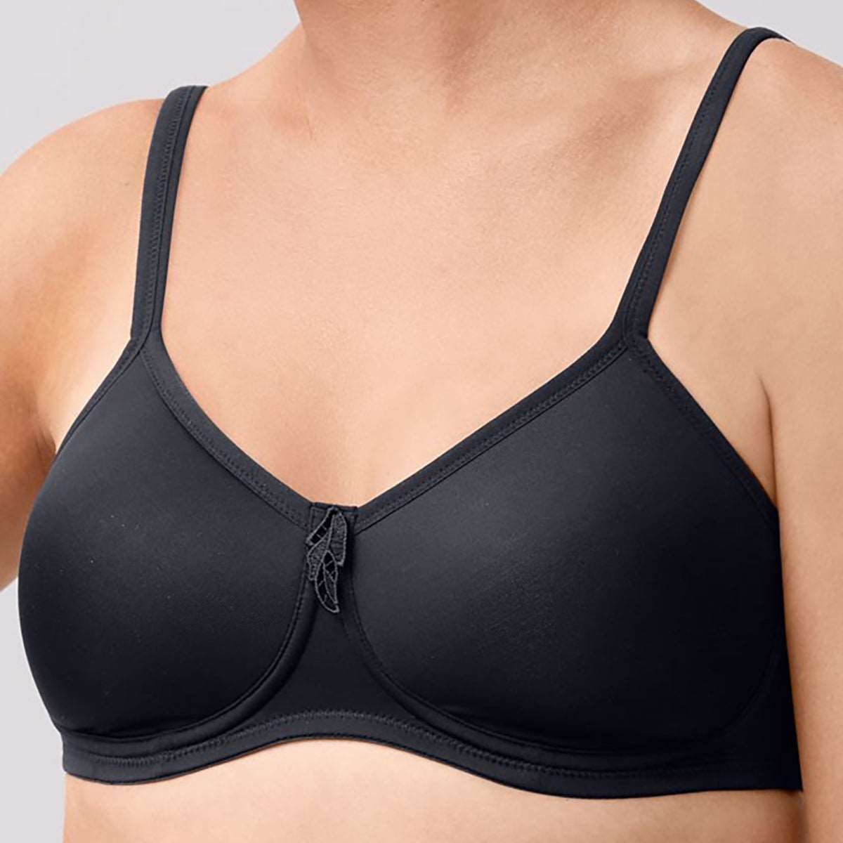 Amoena wireless molded Lara bra in black on model front view