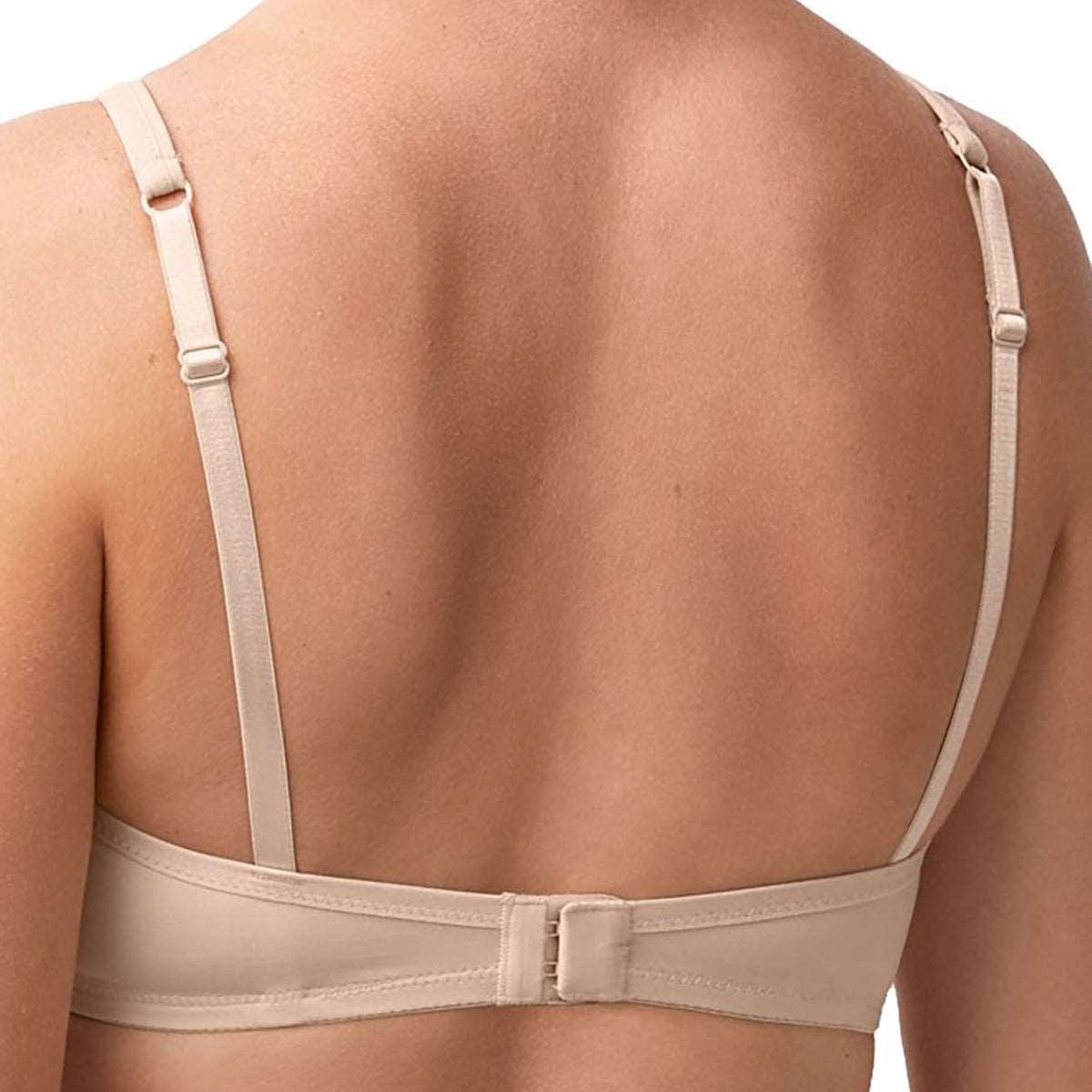 Amoena wireless molded Lara bra in nude on model rear view