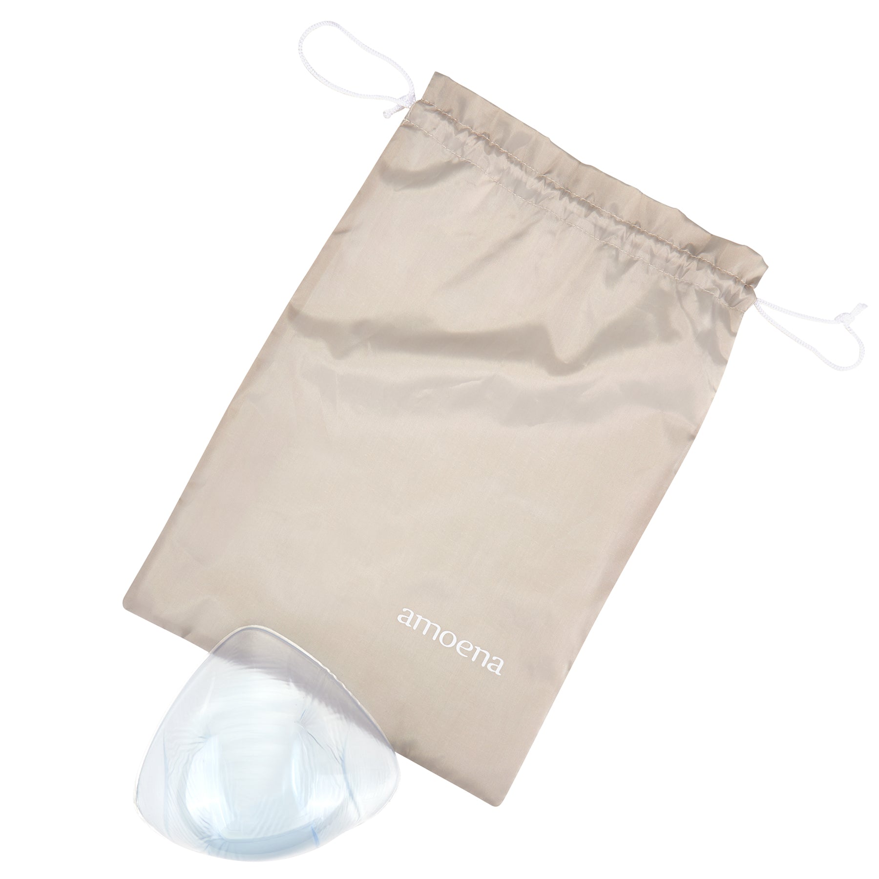 Amoena Aqua Wave 149 breast prosthesis with storage pouch - clear silicone swim prosthesis shown with Amoena drawstring bag.