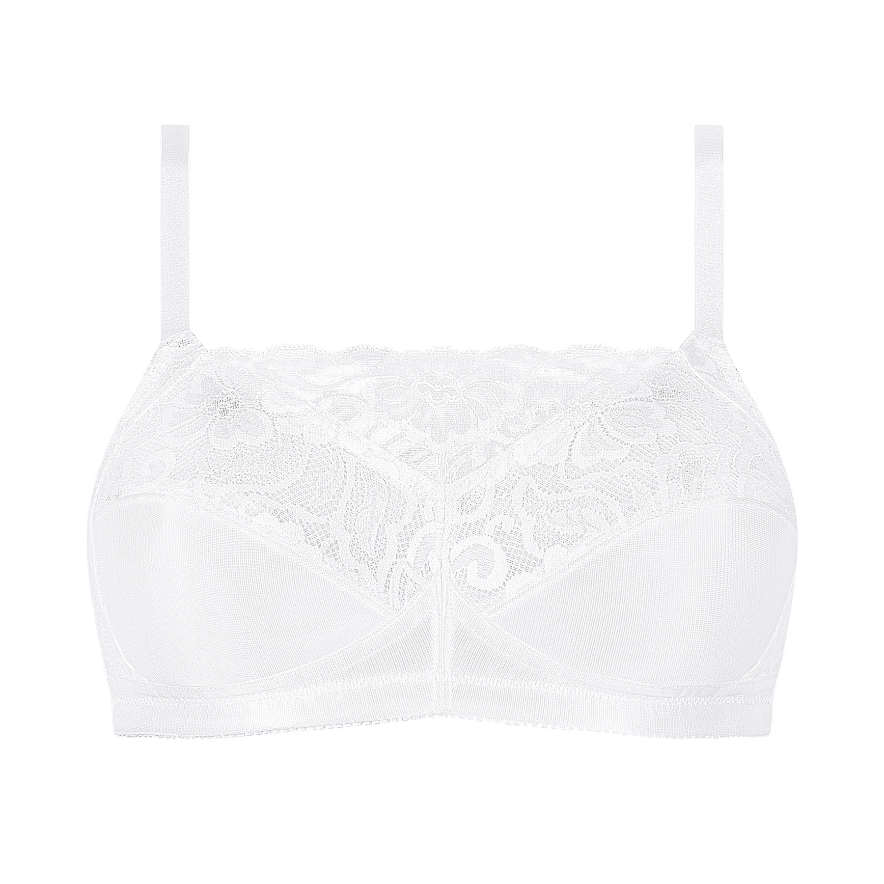 Flat lay of Amoena Isabel Bra in White – wireless lace bra with pocketed lining and smooth back band.