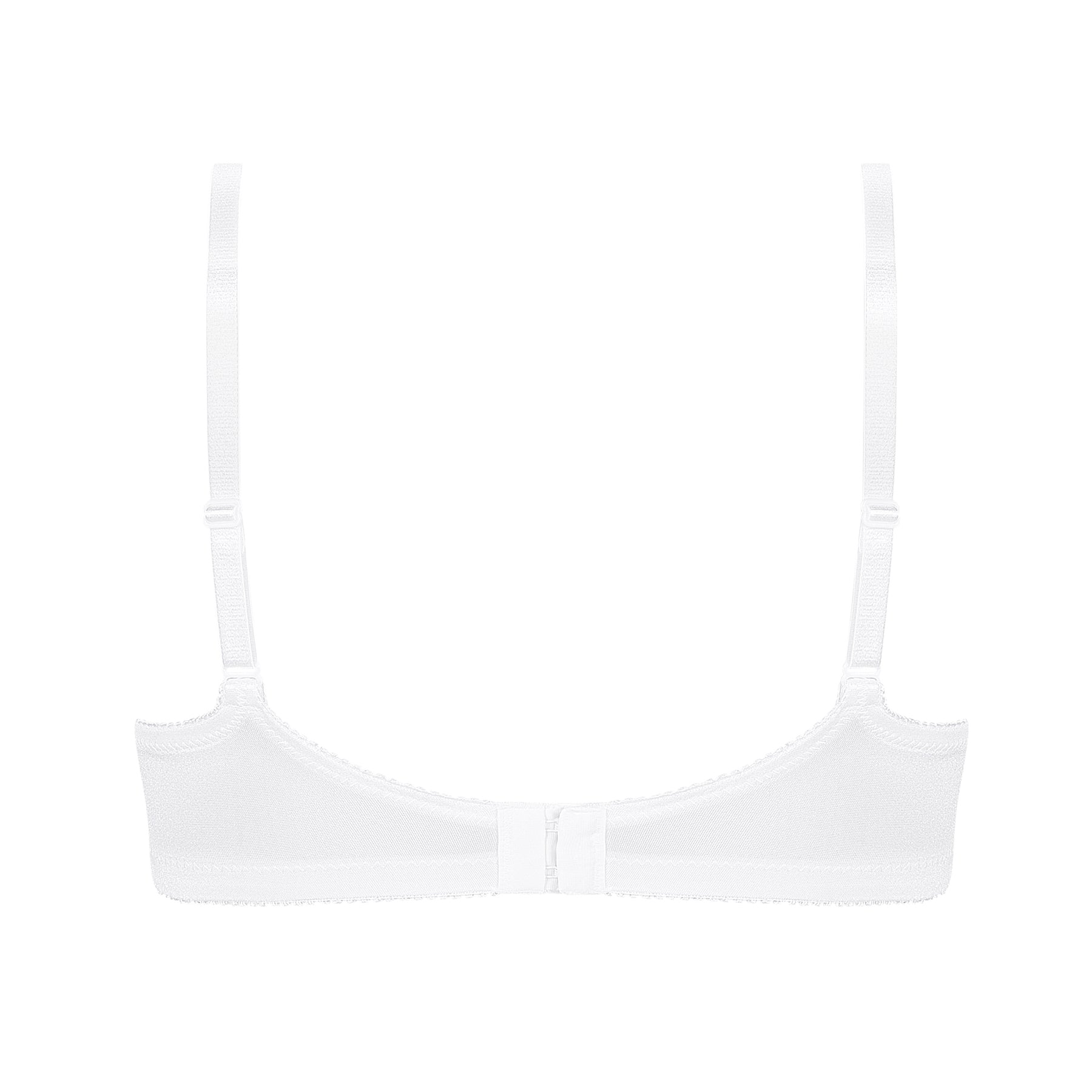 Back view flat lay of Amoena White Isabel bra with adjustable elastic straps and secure hook-and-eye closure.
