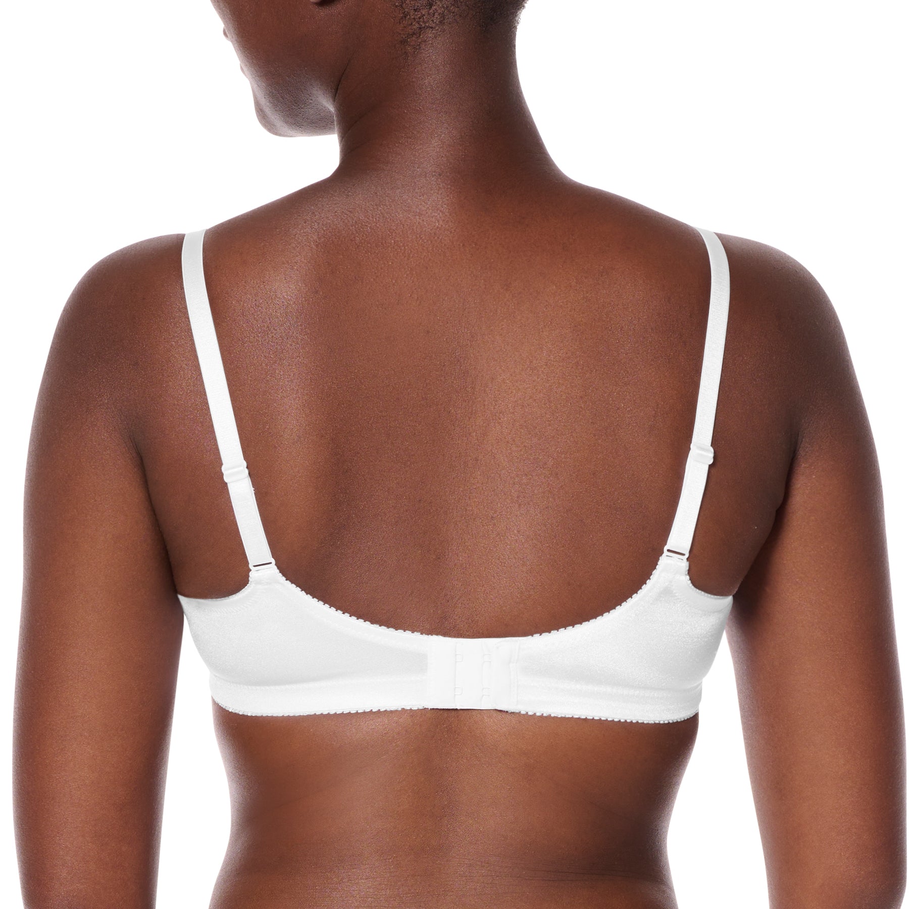 Back view of Amoena White Isabel bra on model with adjustable elastic straps and secure hook-and-eye closure.