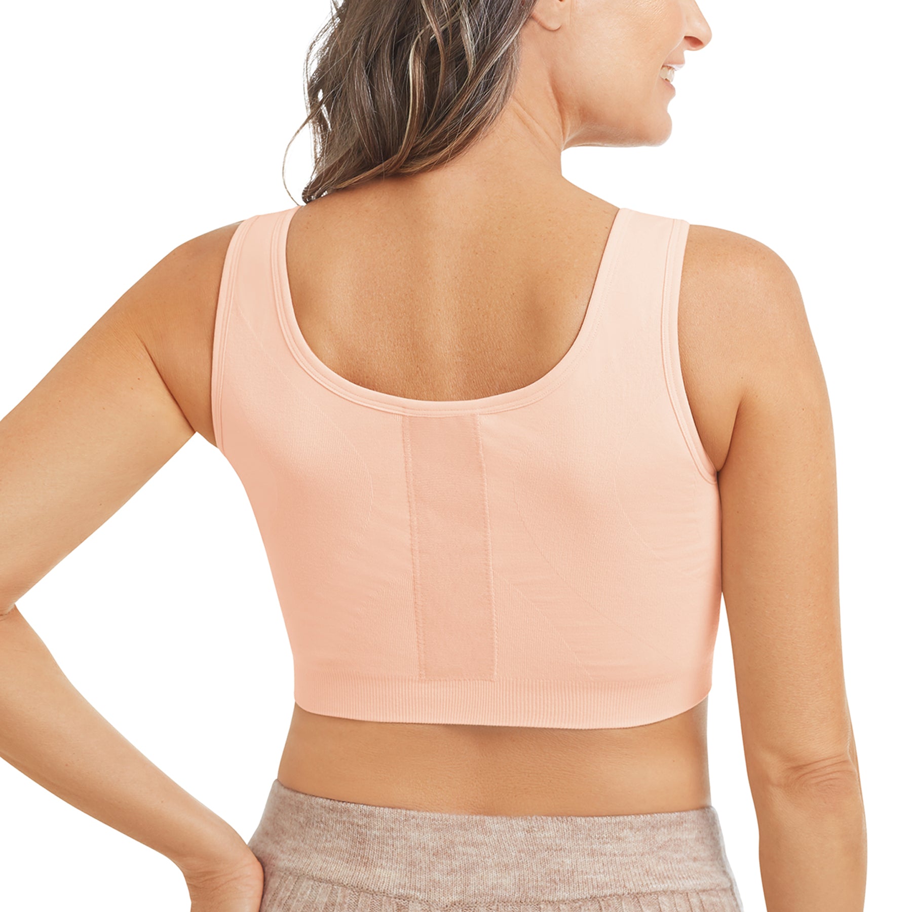 Amoena leyla surgical front zip bra in peachy pink on model rear view