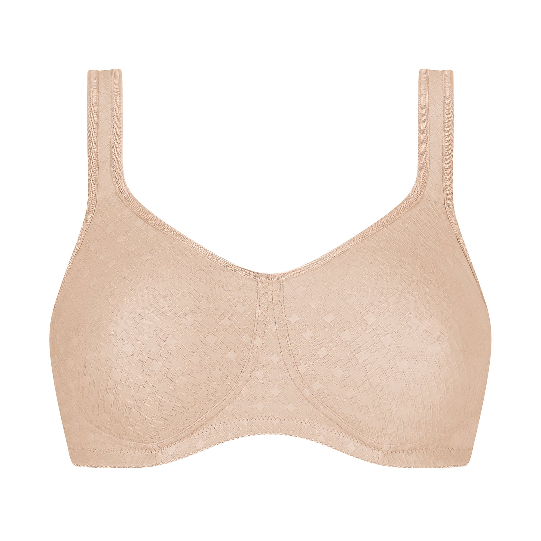 Amoena Tiana Wireless Soft Bra in Nude – smooth seamless design with subtle geometric jacquard pattern, supportive full-coverage cups, and soft microfiber fabric.