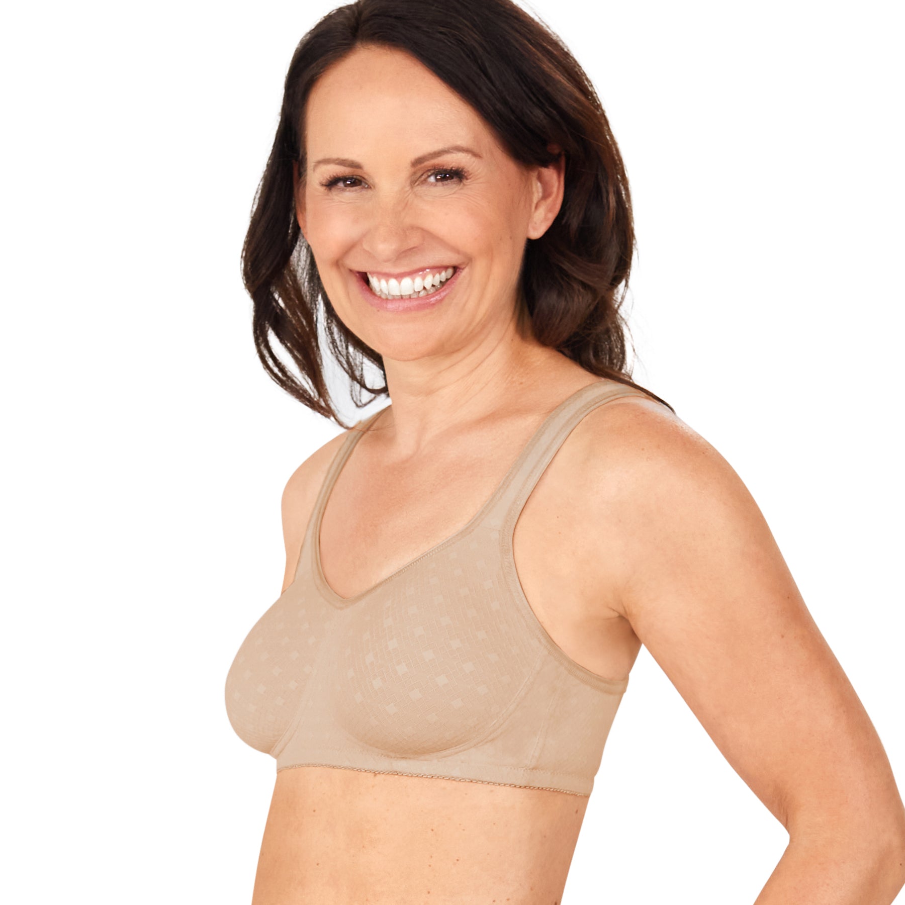 Side angle of Amoena Tiana Wireless Soft Bra in Nude – seamless non-wired full-coverage fit offering light support and a smooth silhouette under clothing.