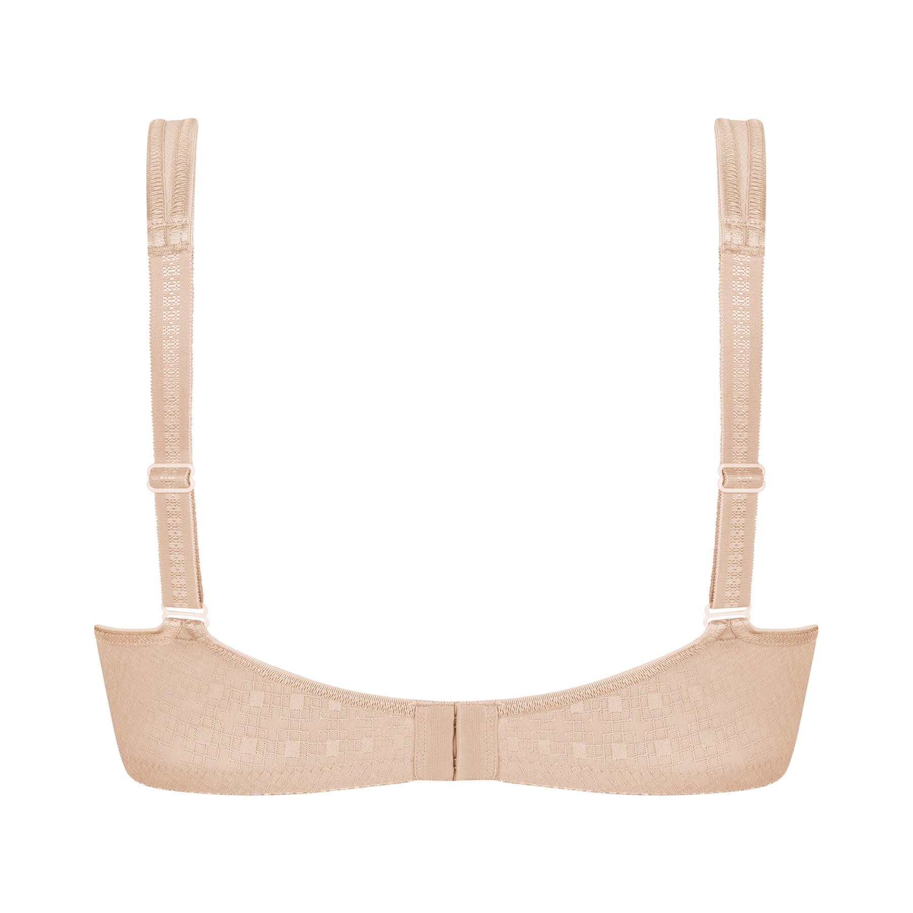 Back of Amoena Tiana Wireless Soft Bra in Nude – adjustable straps, hook-and-eye closure, and soft elastic band for a custom fit.