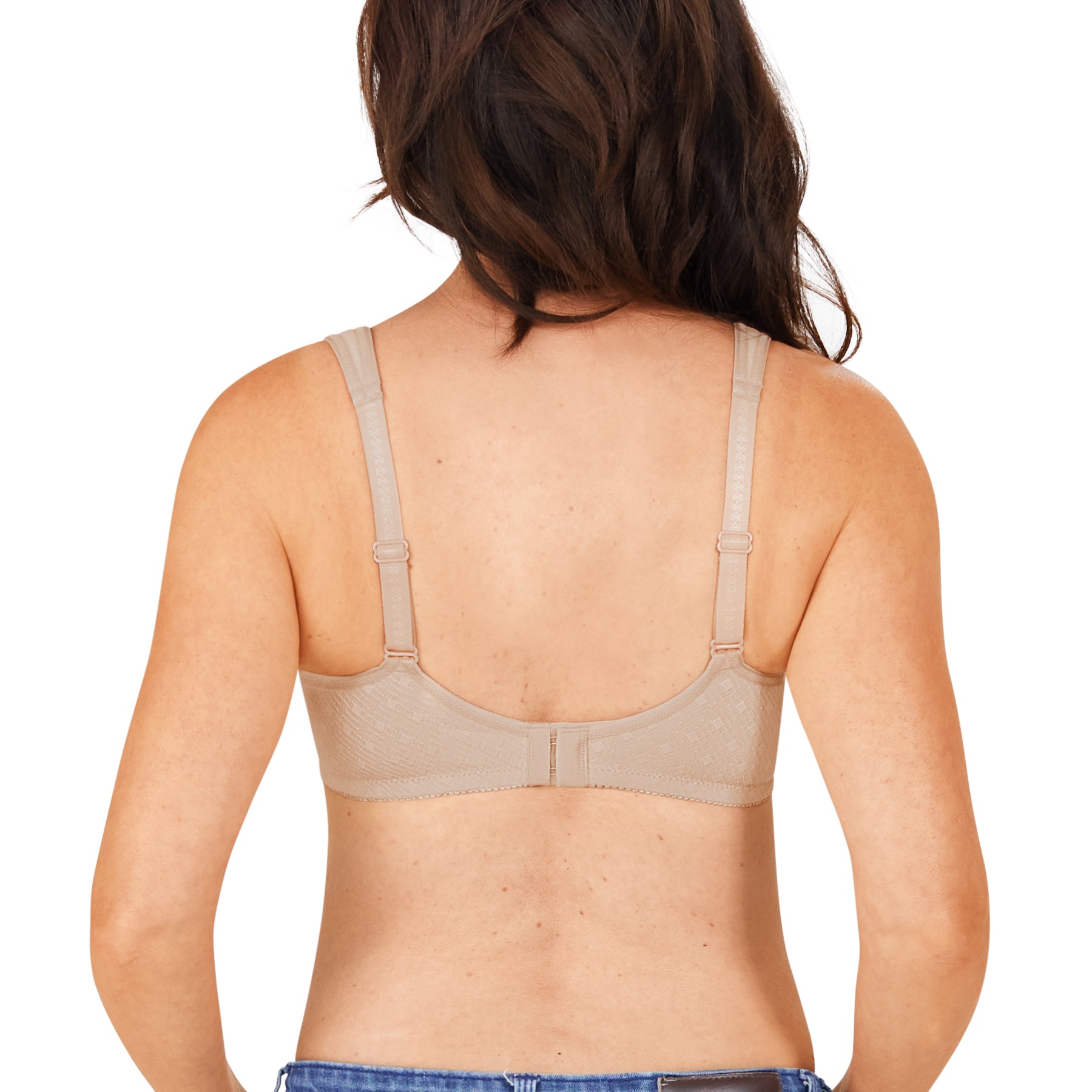 Woman showing the back of Amoena Tiana Wireless Soft Bra in Nude – wide adjustable straps and supportive back band for smooth comfort and security.