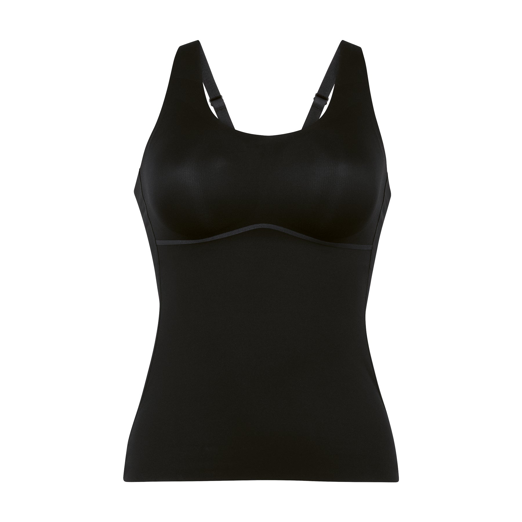 ANITA 0654 Essential Tank with Shelf Bra in Black, flat lay front view showing seamless moulded cups