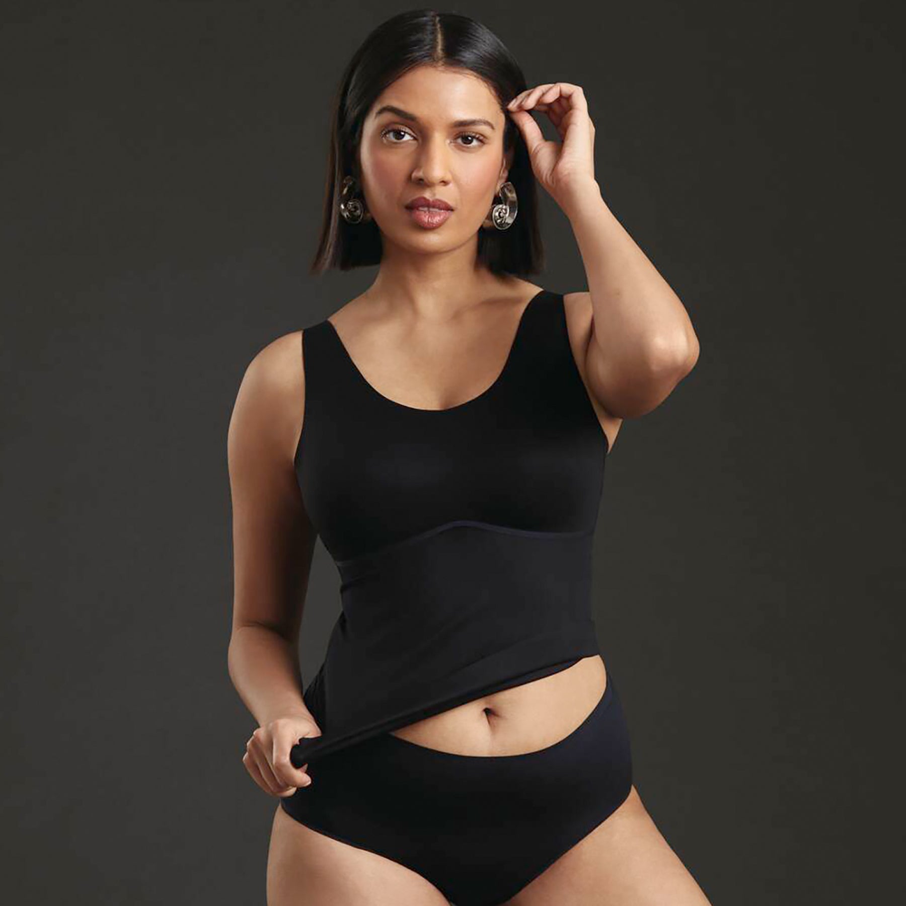 Front view of model wearing ANITA 0654 Essential Tank with Shelf Bra in Black.